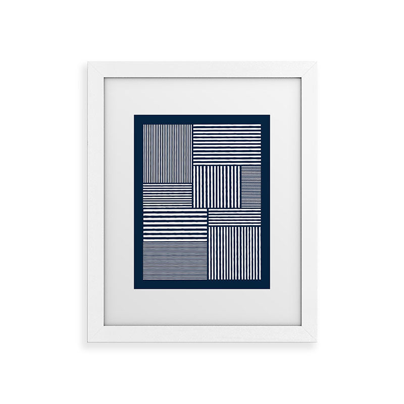 White Lines Navy Minimalist Stylish Design Framed Art Print