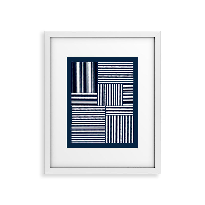 White Lines Navy Minimalist Stylish Design Framed Art Print