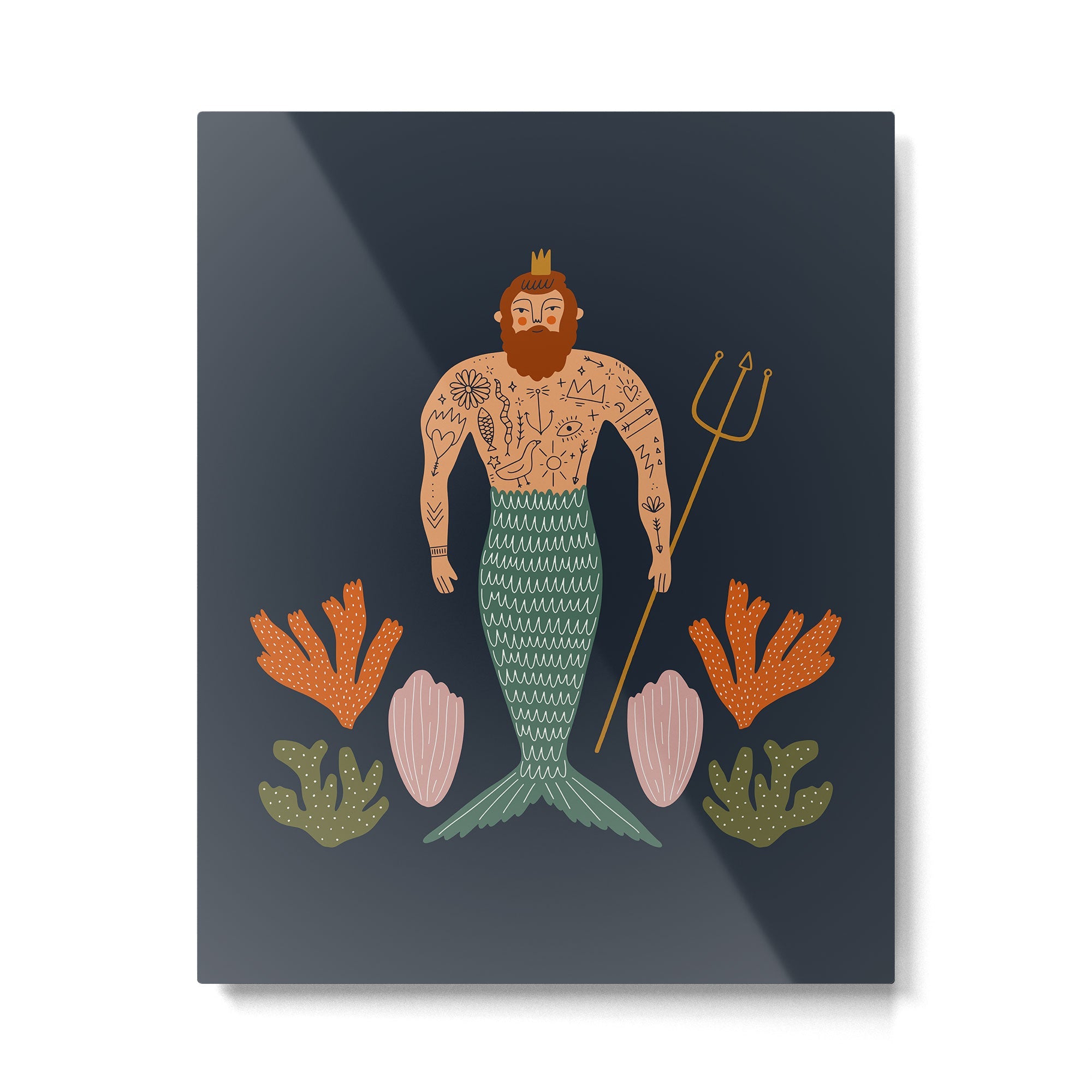 Hipster Mermaid Merman With Tattoos Poseidon King Of The Sea Midcentury Modern Cool Magical Mystical Abstract Art Bohemian Boho Style Trendy  Metal Print | TeksDecor