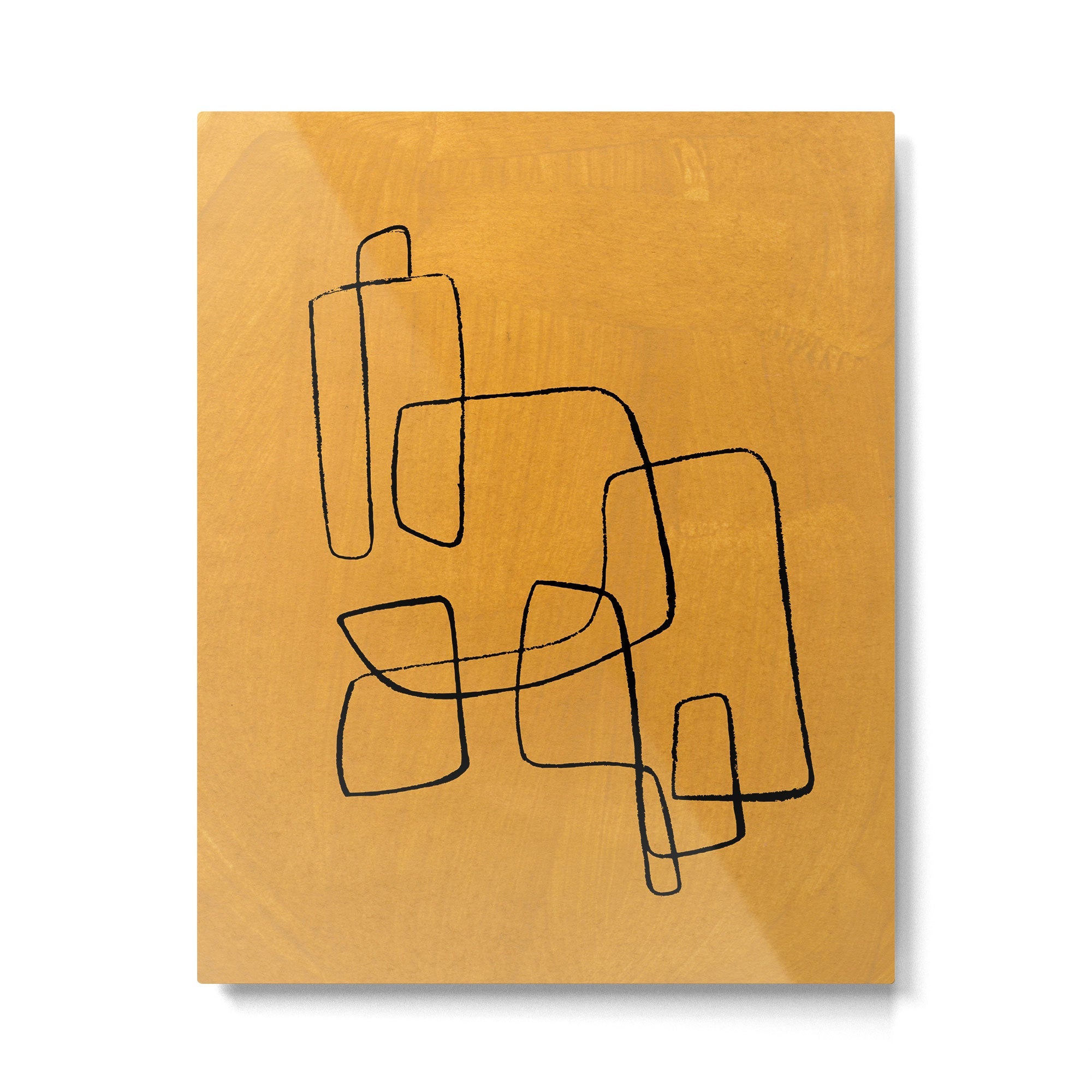 Minimalist Minimal Line Drawing Maze Mustard Yellow Painting Mid Century Modern Cool Funky Trendy Metal Print | TeksDecor