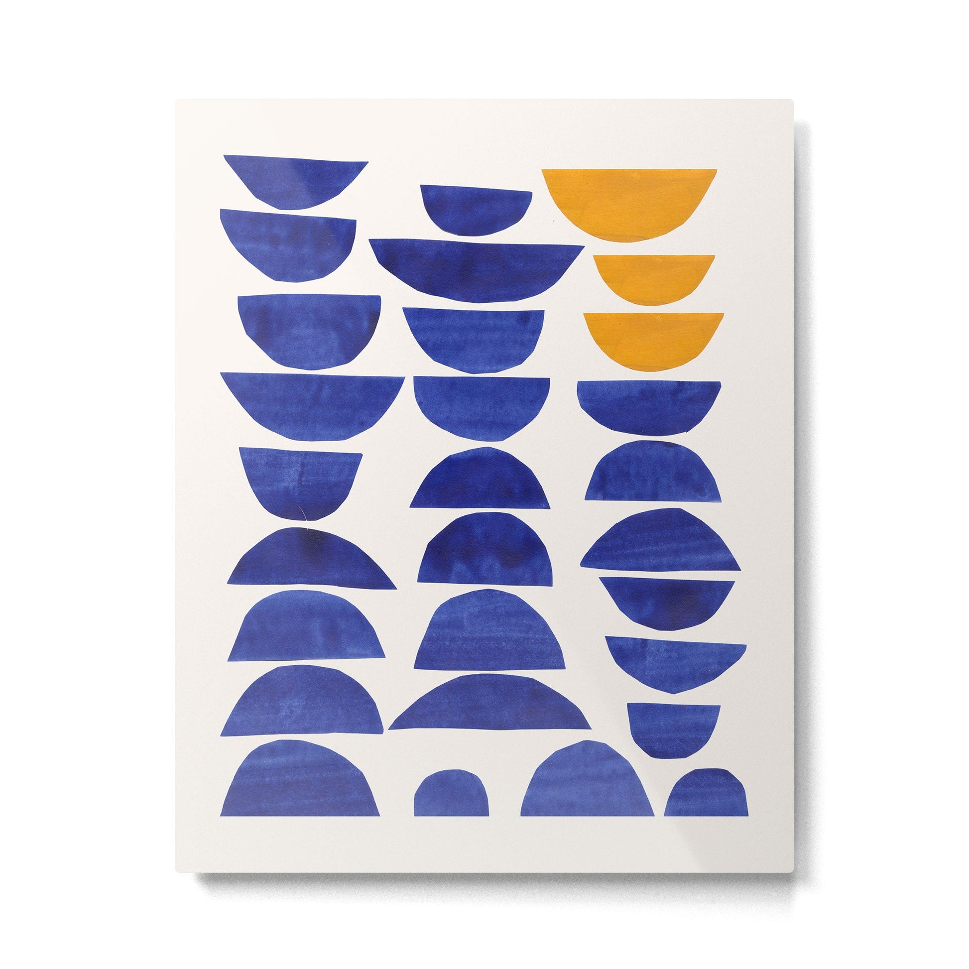 Sunset Eyes' Mid Century Modern Minimalist Paper Collage Semicircles Blue Yellow Colors Metal Print | TeksDecor