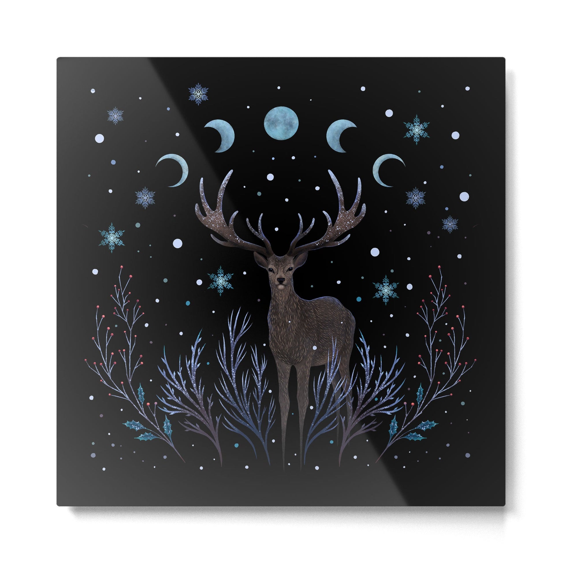 Deer in Winter Night Forest Metal Print | TeksDecor