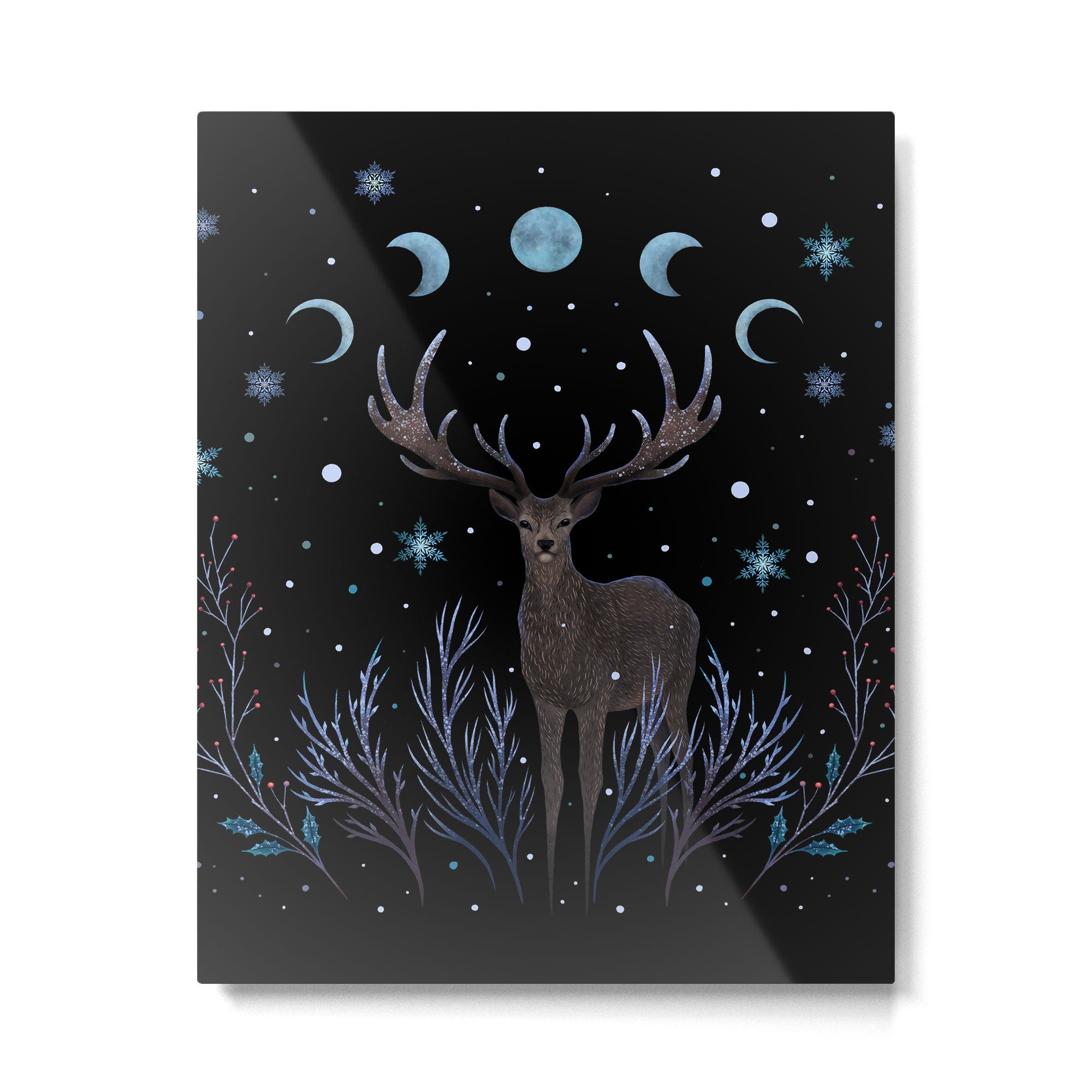 Deer in Winter Night Forest Metal Print | TeksDecor