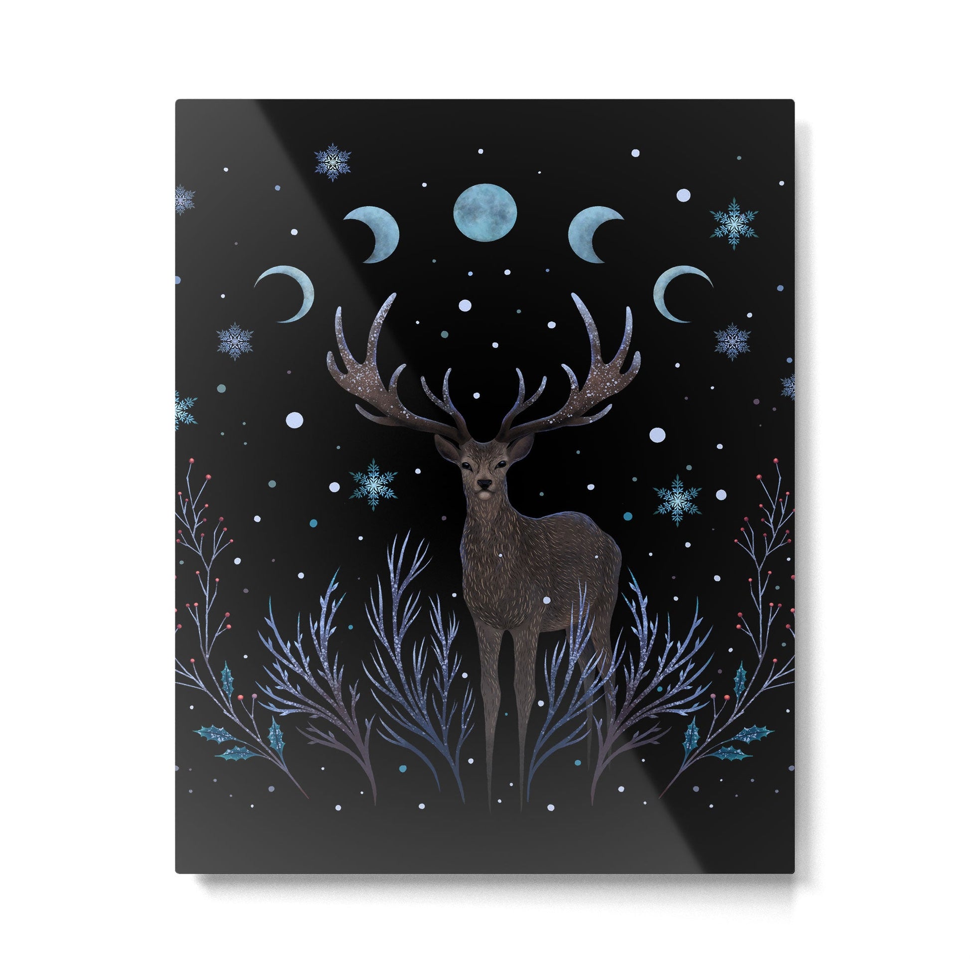 Deer in Winter Night Forest Metal Print | TeksDecor