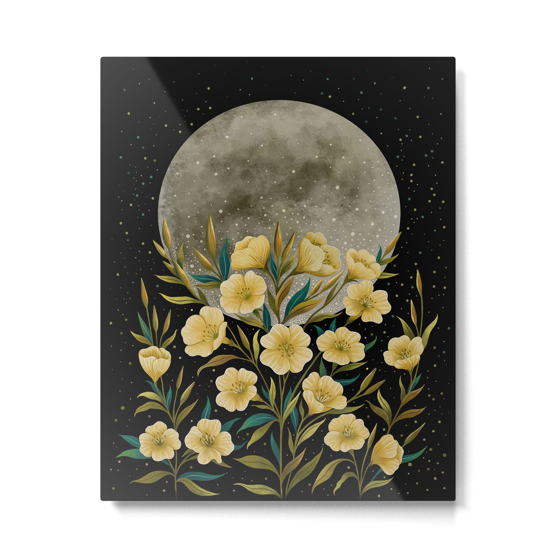 Moon Greeting- Yellow Evening Primrose Metal Print | TeksDecor