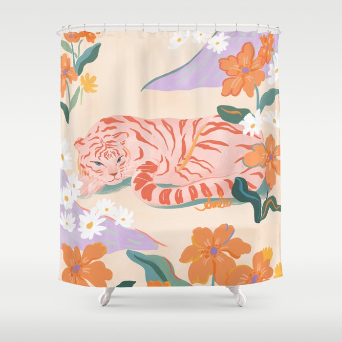 Pink Tiger in Wild Garden Shower Curtain