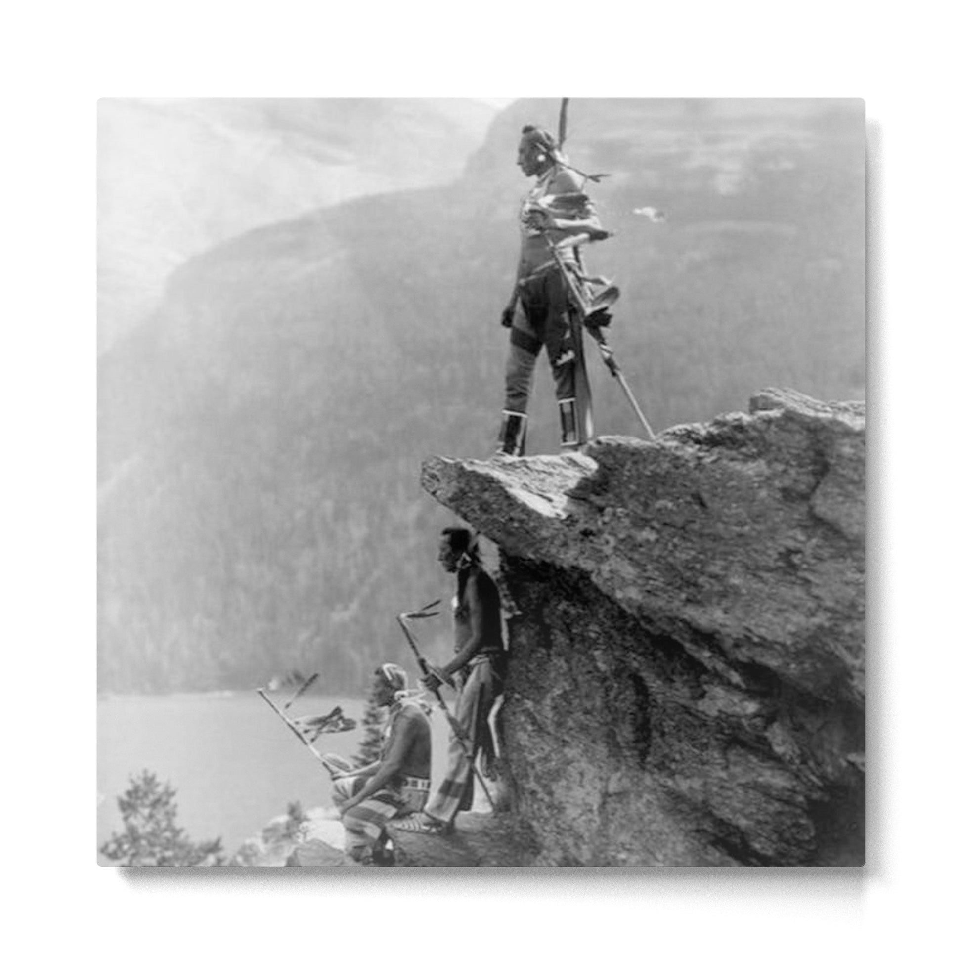 Eagle's Lookout, Blackfoot tribe members, Glacier Park, Montana, 1913 black and white photography Metal Print | TeksDecor