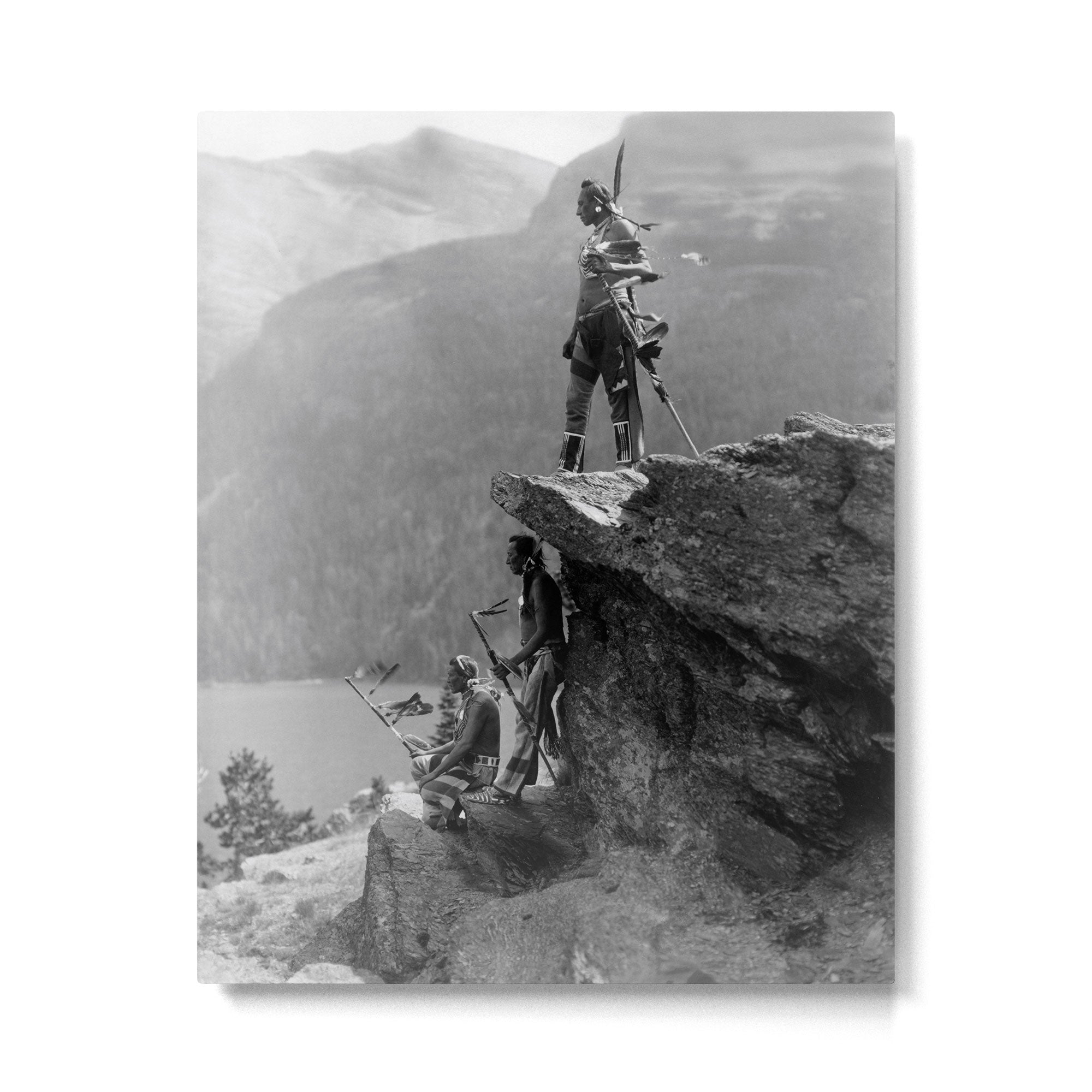 Eagle's Lookout, Blackfoot tribe members, Glacier Park, Montana, 1913 black and white photography Metal Print | TeksDecor