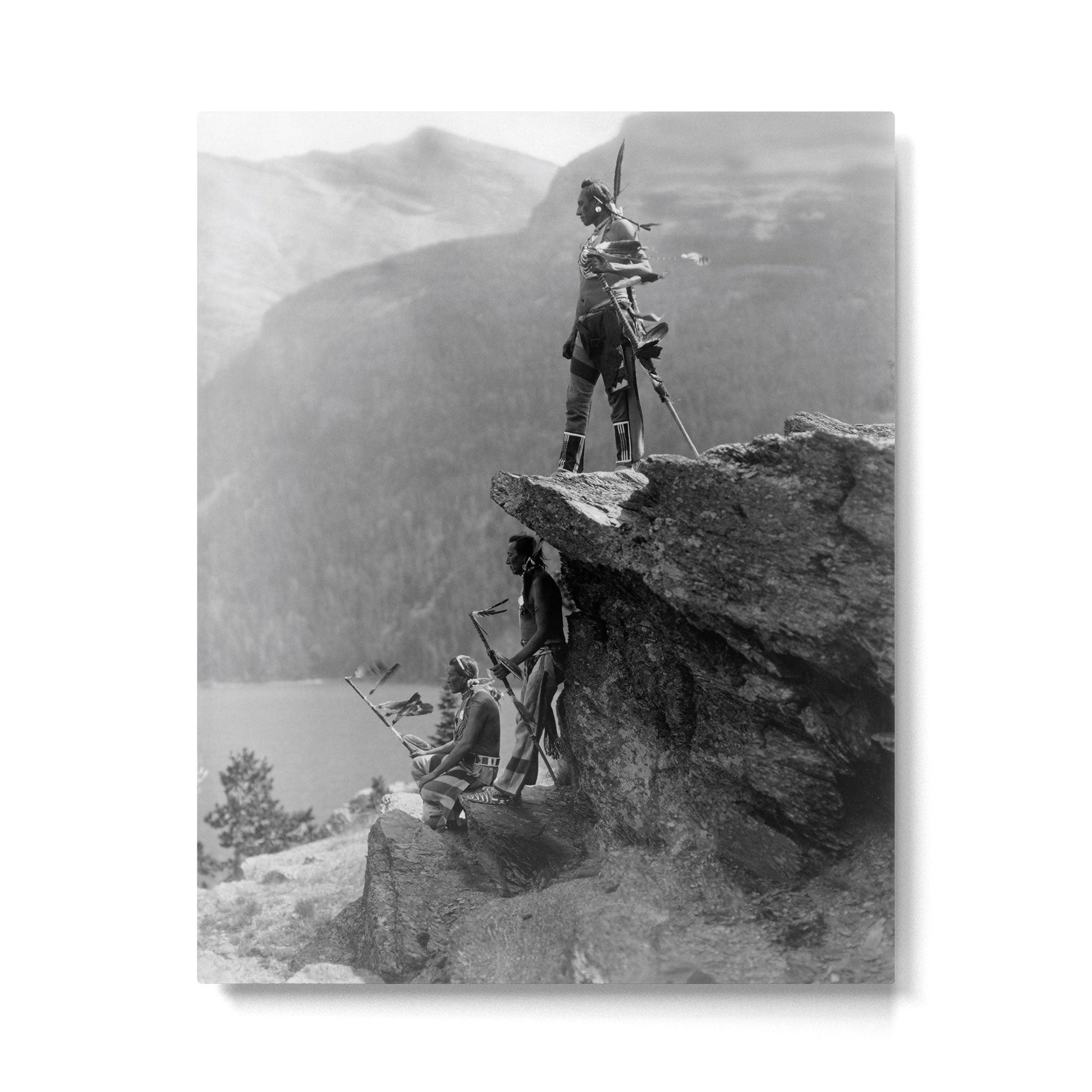 Eagle's Lookout, Blackfoot tribe members, Glacier Park, Montana, 1913 black and white photography Metal Print | TeksDecor
