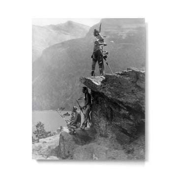 Eagle's Lookout, Blackfoot tribe members, Glacier Park, Montana, 1913 black and white photography Metal Print | TeksDecor