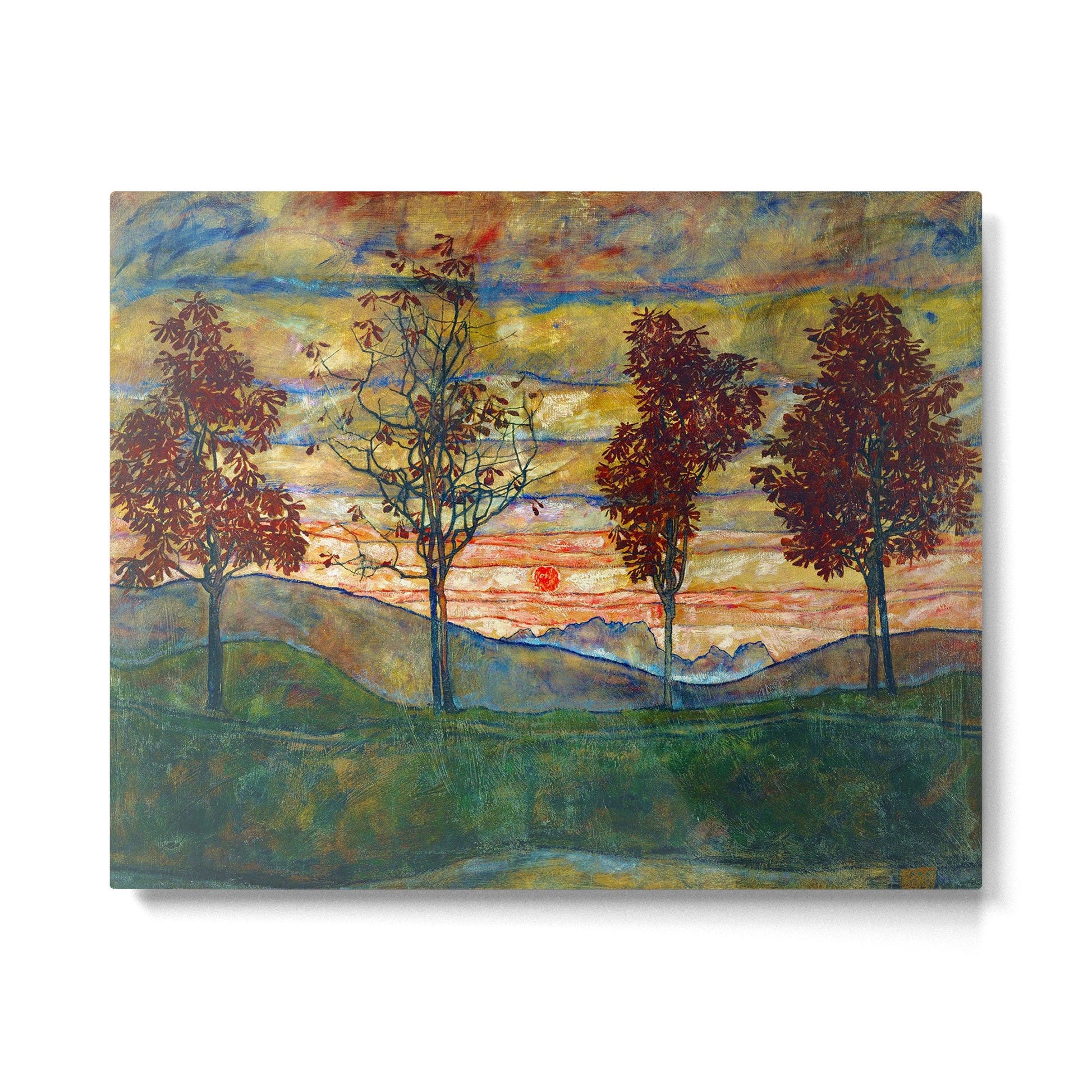 Four Trees with Red Leaves at Sunrise landscape painting by Egon Schiele Metal Print | TeksDecor