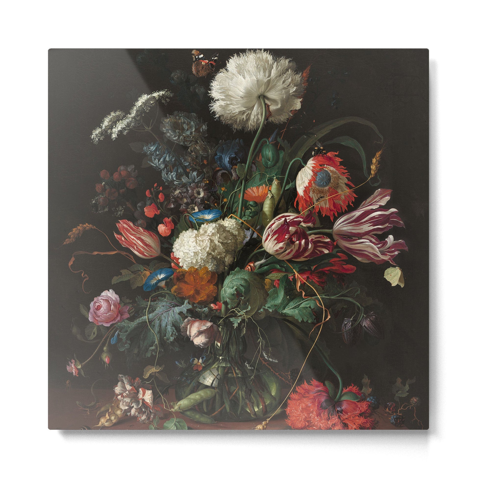 Still Life Parrot Tulips, Peonies, Hibiscus, Hydranga, Periwinkle Flowers in Vase by Jan de Heem Metal Print | TeksDecor