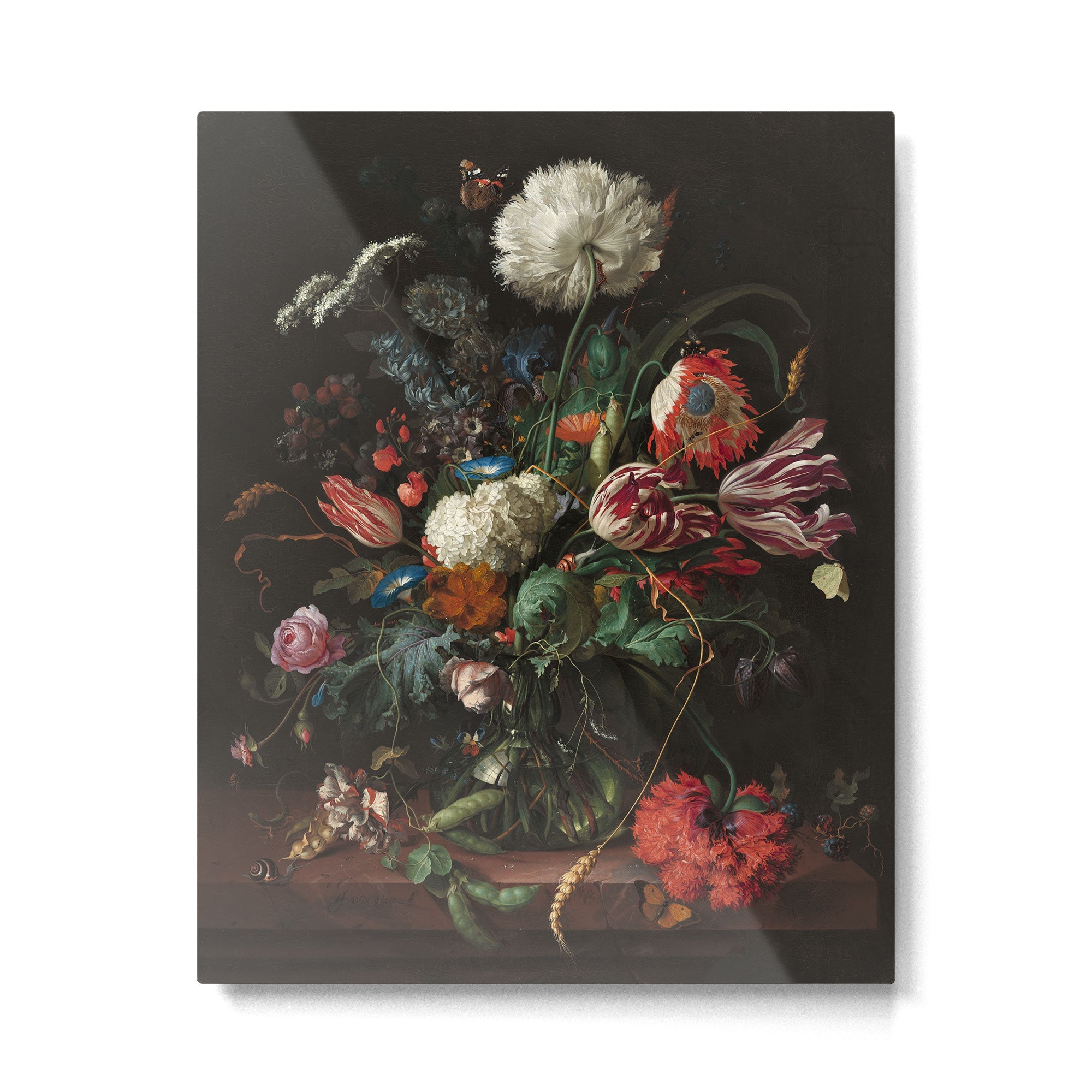 Still Life Parrot Tulips, Peonies, Hibiscus, Hydranga, Periwinkle Flowers in Vase by Jan de Heem Metal Print | TeksDecor