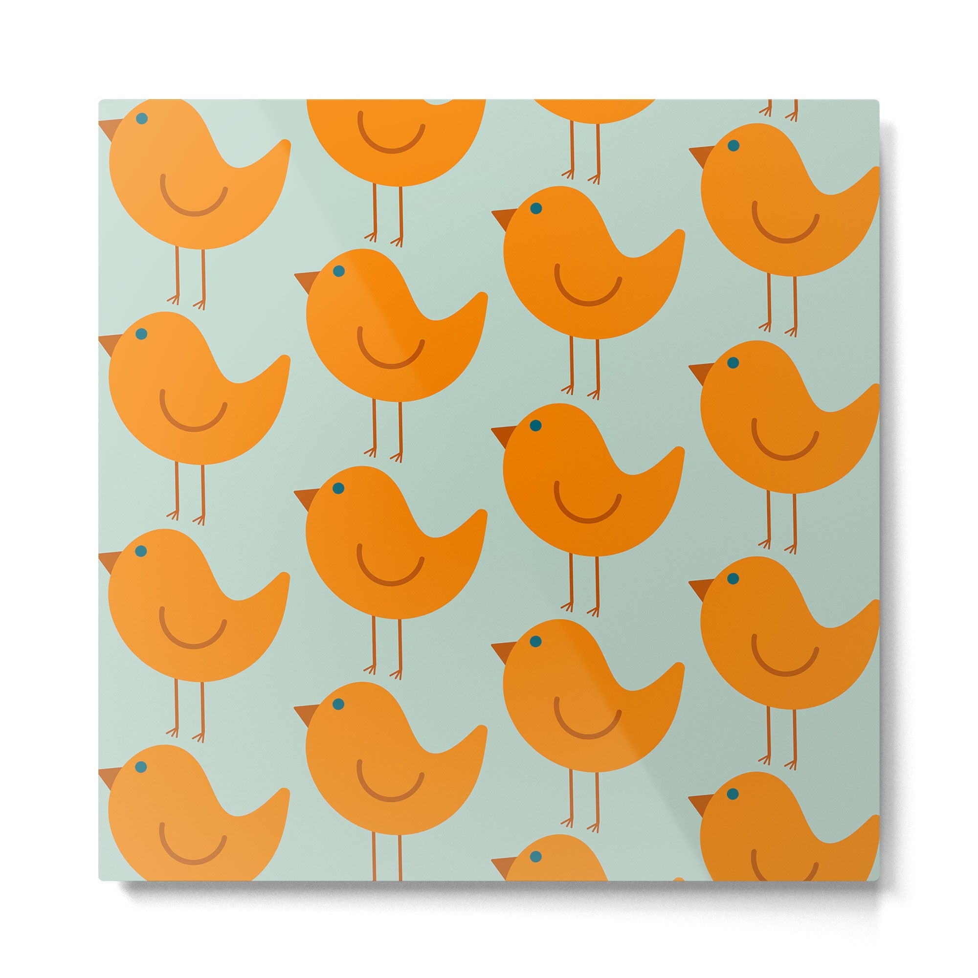 Birdies - Cute Bird Pattern in Orange, Rust, and Light Aqua Metal Print | TeksDecor