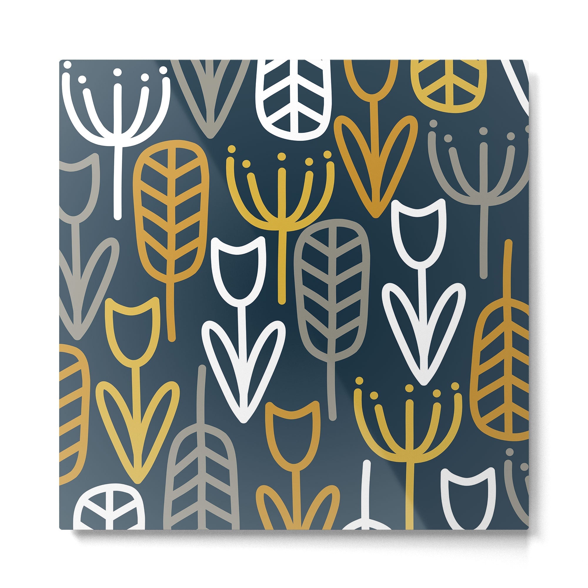 Cheerful Garden Minimalist Pattern in Light Mustard, Dark Mustard, White, Gray, and Navy Blue Metal Print | TeksDecor