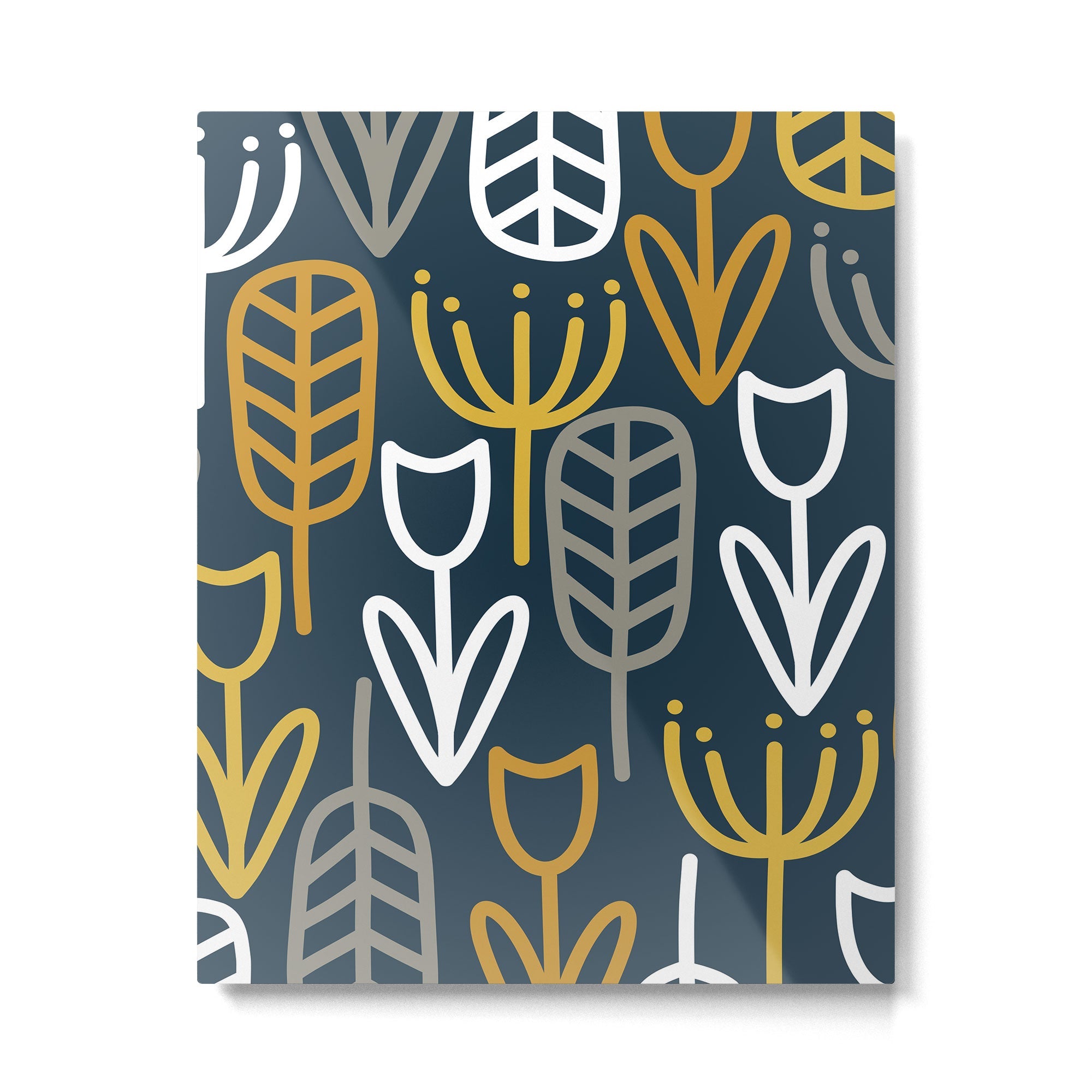 Cheerful Garden Minimalist Pattern in Light Mustard, Dark Mustard, White, Gray, and Navy Blue Metal Print | TeksDecor
