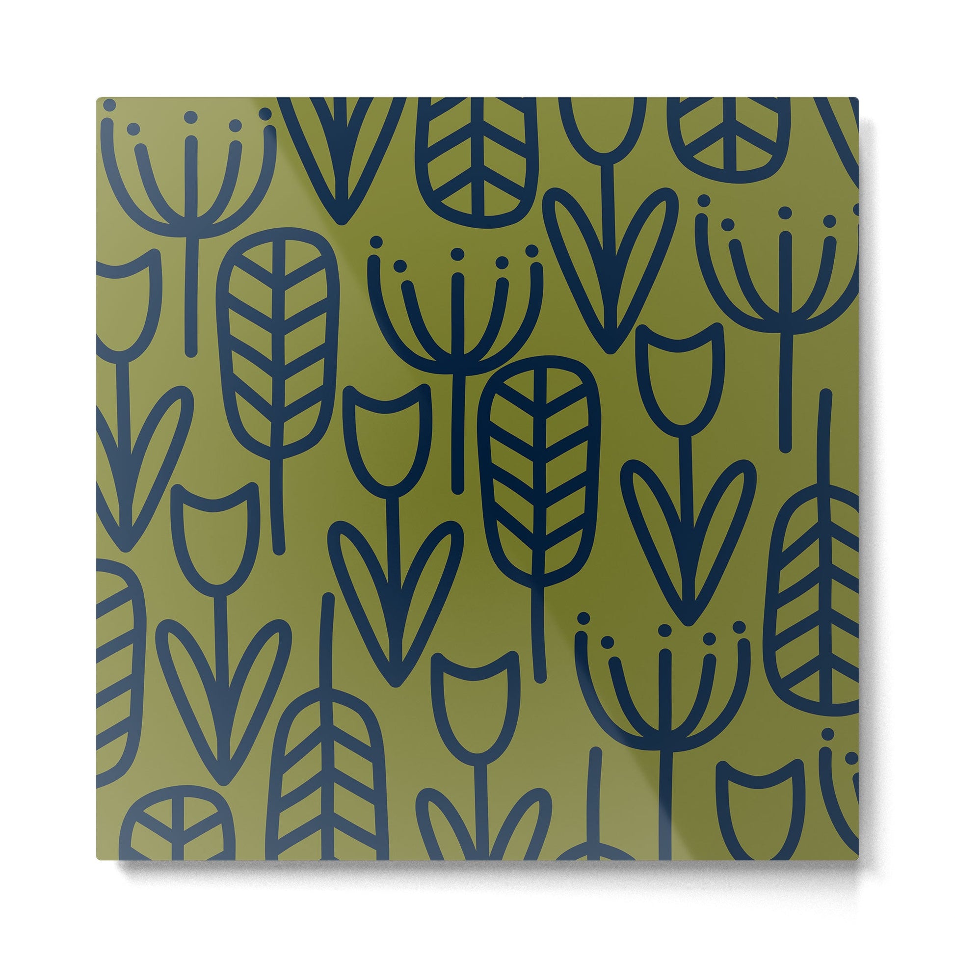 Cheerful Garden Minimalist Retro Botanical Pattern in Navy Blue and Mid Mod Olive Green Metal Print | TeksDecor