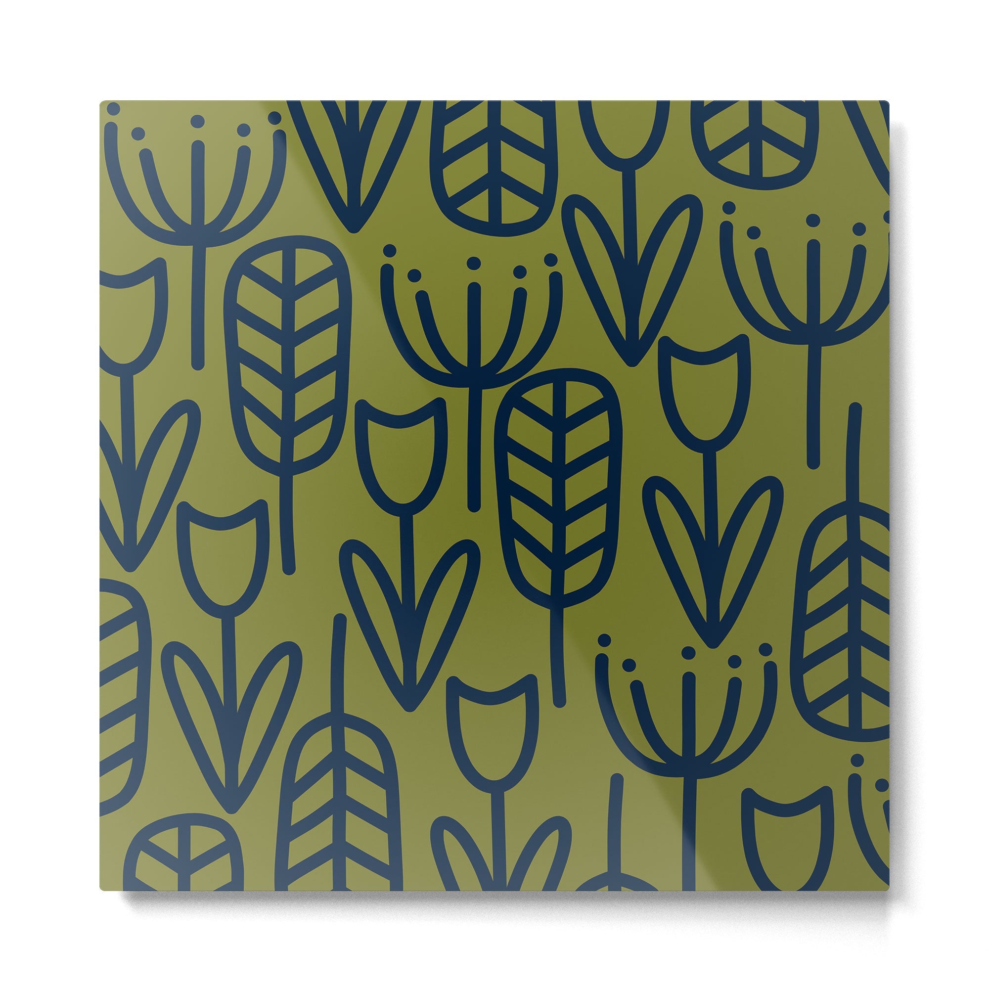 Cheerful Garden Minimalist Retro Botanical Pattern in Navy Blue and Mid Mod Olive Green Metal Print | TeksDecor
