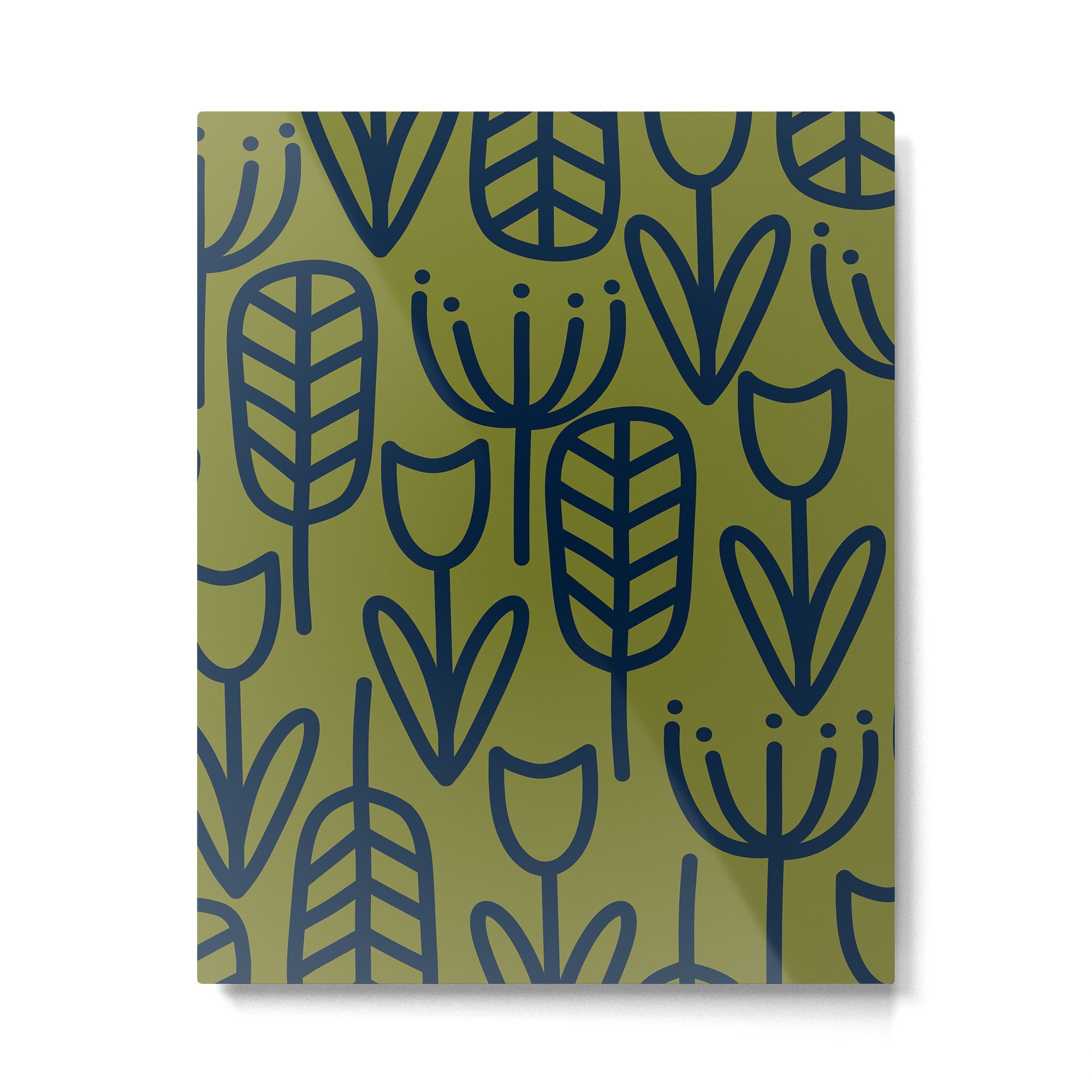 Cheerful Garden Minimalist Retro Botanical Pattern in Navy Blue and Mid Mod Olive Green Metal Print | TeksDecor