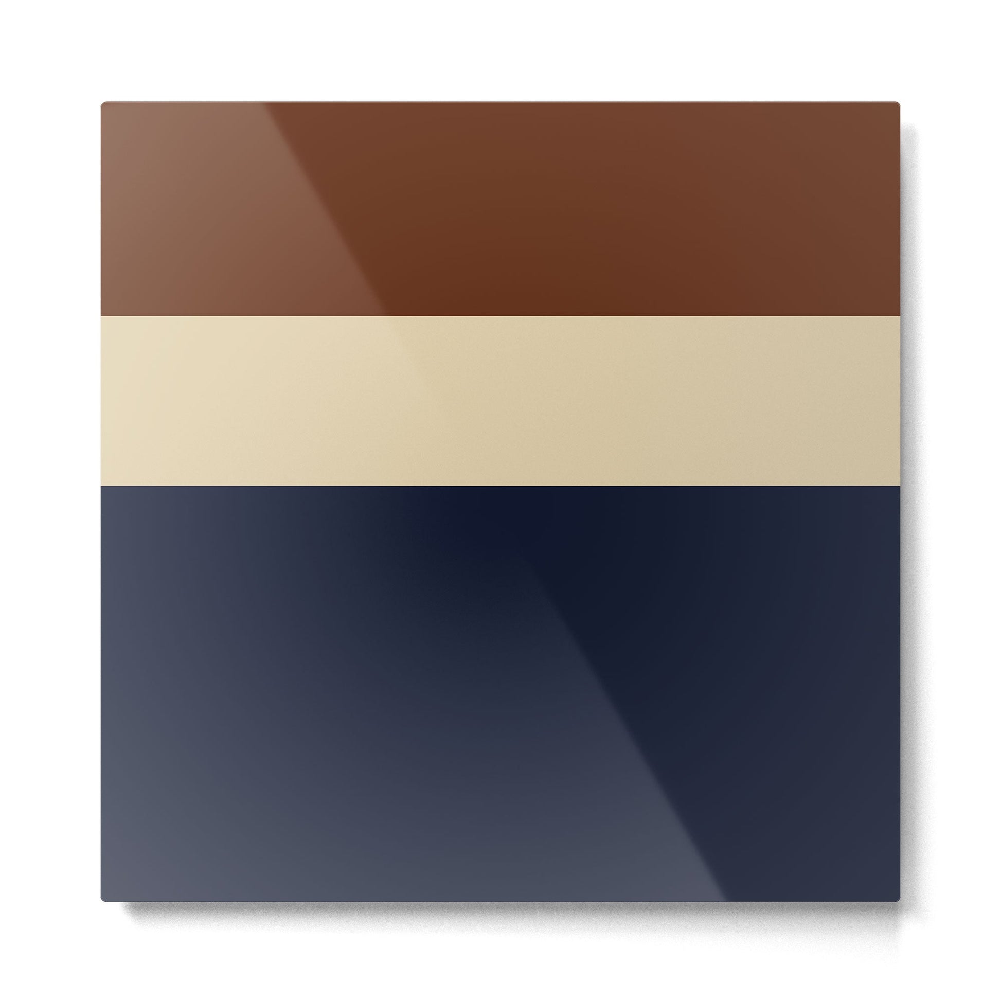Color Block Triple - Minimalist Solid Stripe Pattern in Brown, Cream Beige, and Dark Navy Blue Metal Print | TeksDecor