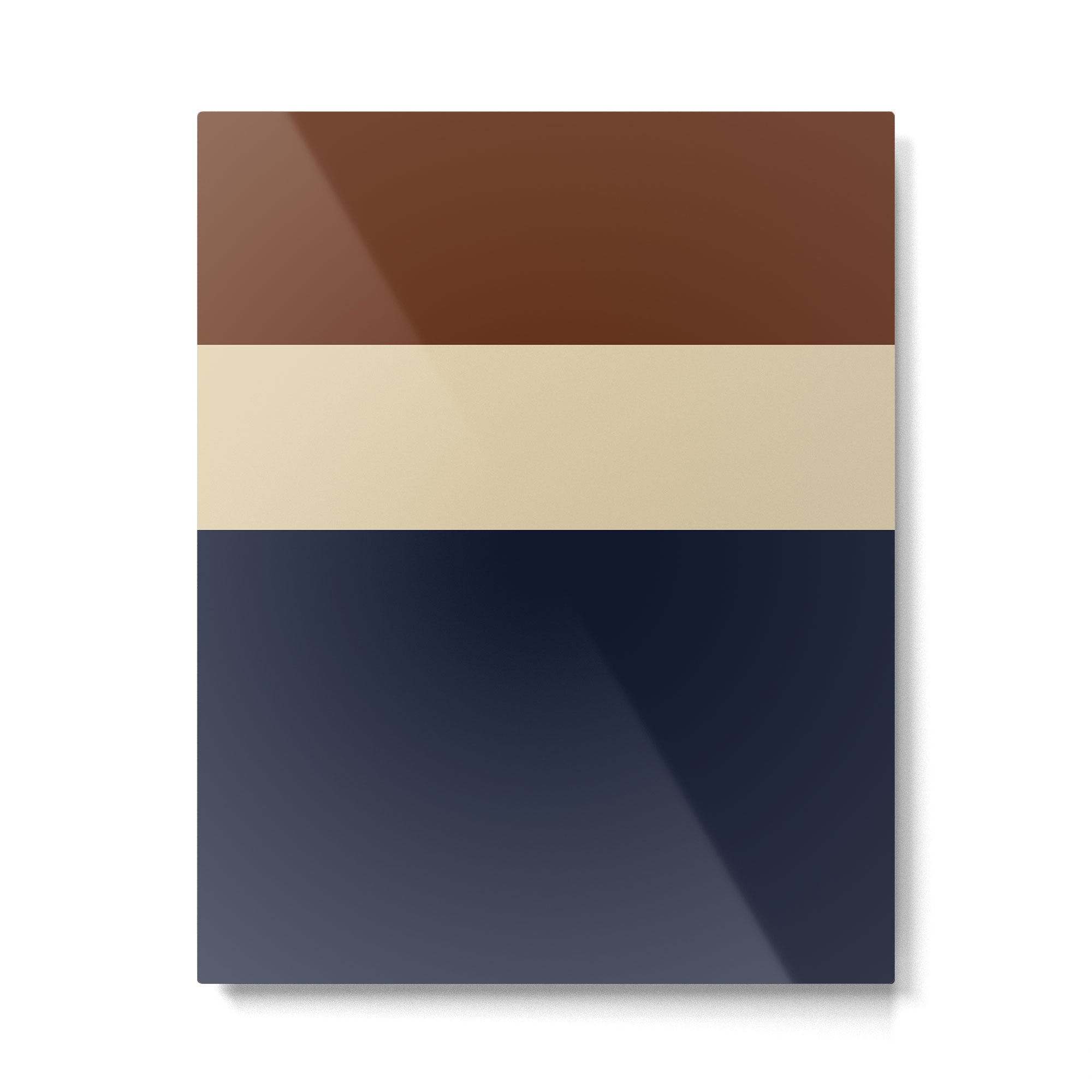 Color Block Triple - Minimalist Solid Stripe Pattern in Brown, Cream Beige, and Dark Navy Blue Metal Print | TeksDecor