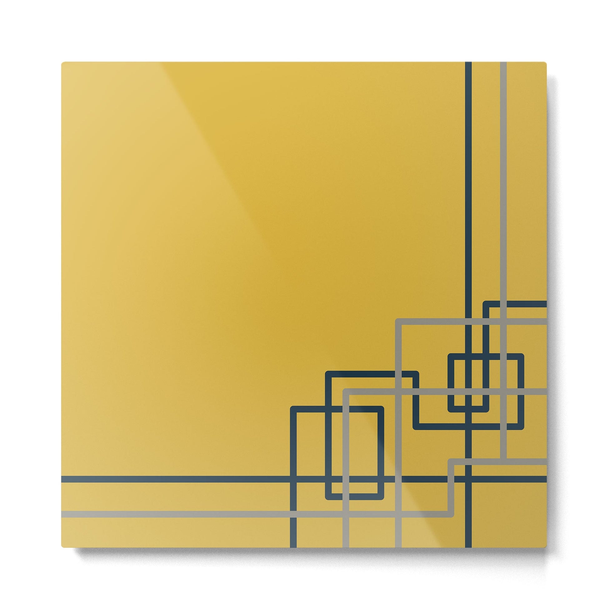 Corner Deco Minimalist Geometric Pattern in Navy Blue, Gray, and Light Mustard Metal Print | TeksDecor
