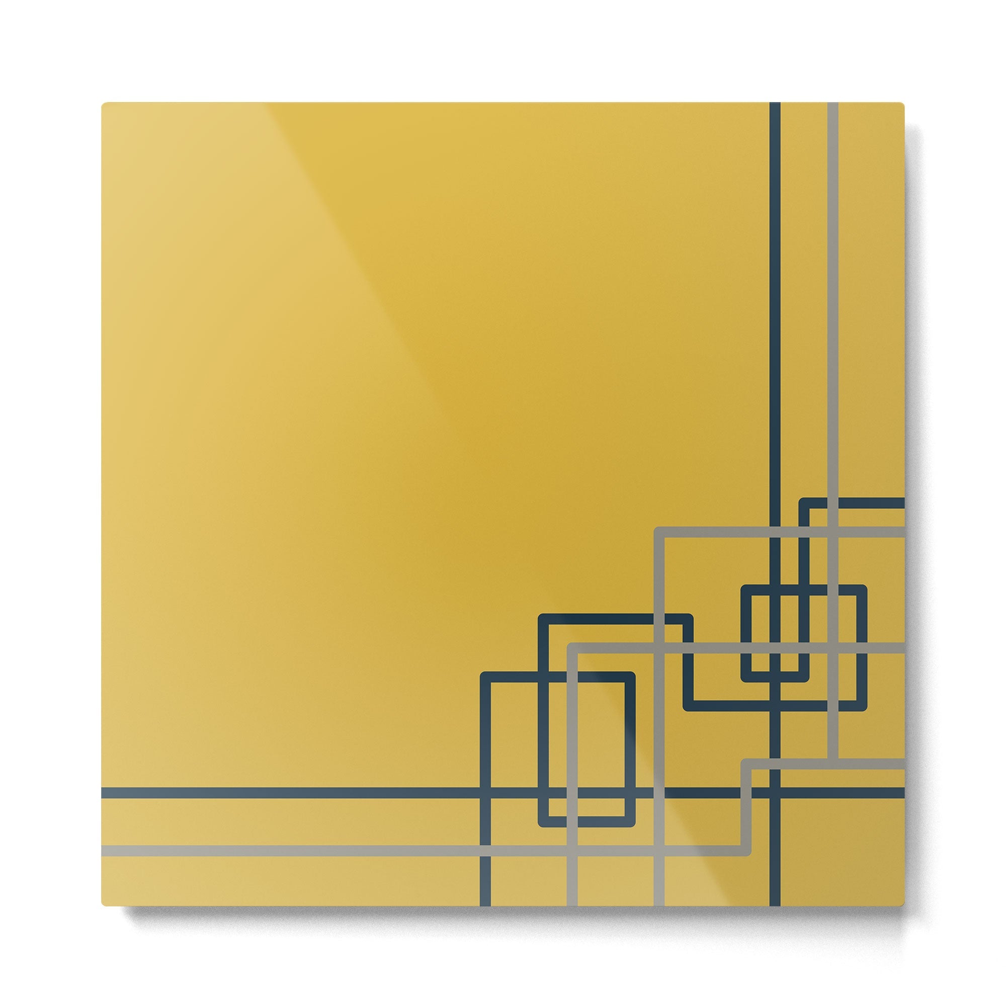Corner Deco Minimalist Geometric Pattern in Navy Blue, Gray, and Light Mustard Metal Print | TeksDecor