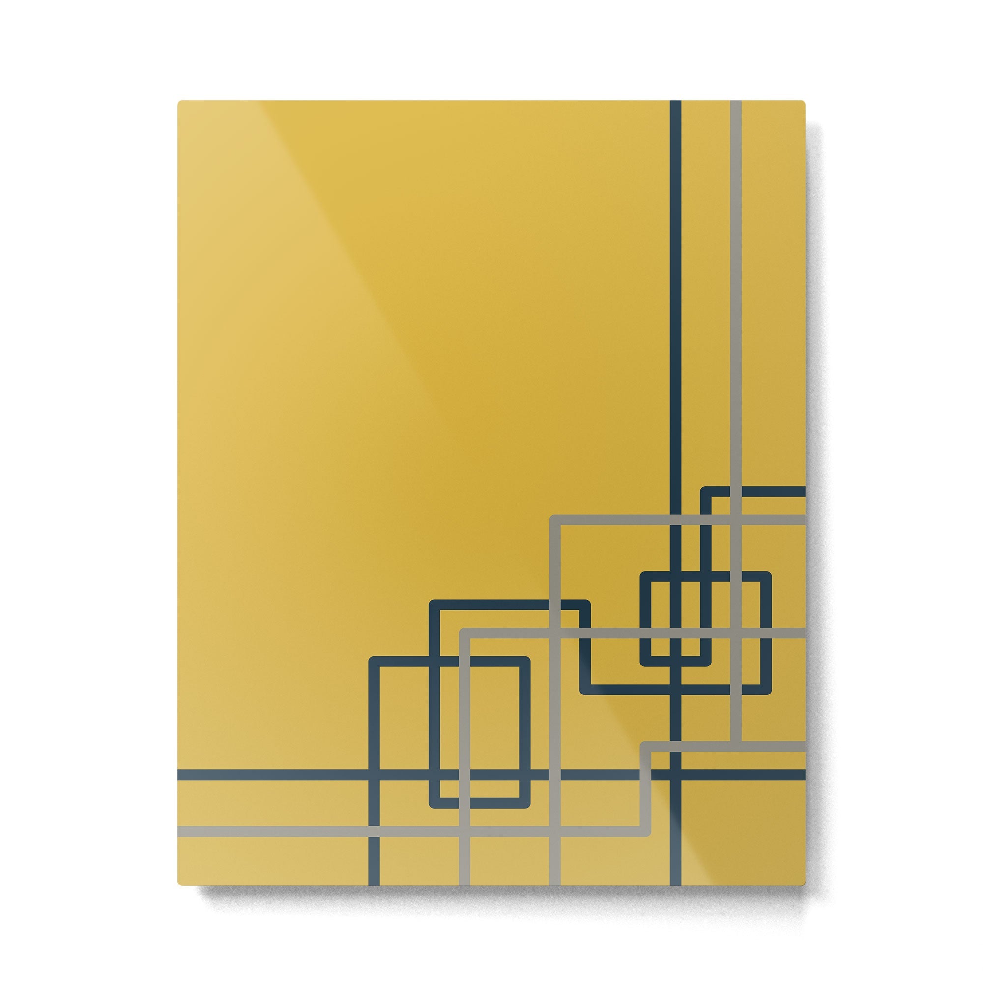 Corner Deco Minimalist Geometric Pattern in Navy Blue, Gray, and Light Mustard Metal Print | TeksDecor