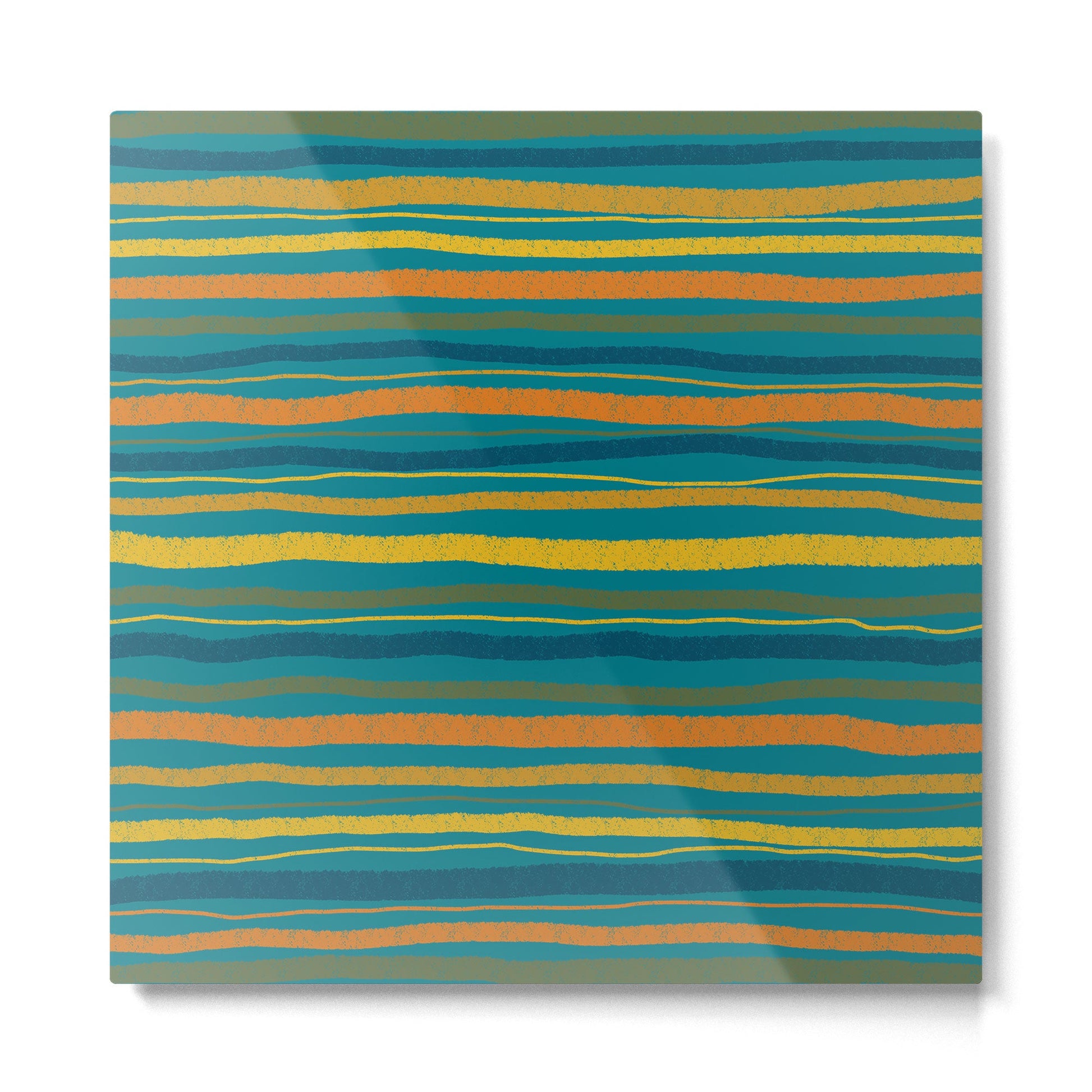 Crayon Stripes in Moroccan Teal Blue, Orange, Ochre, Green, Yellow Metal Print | TeksDecor