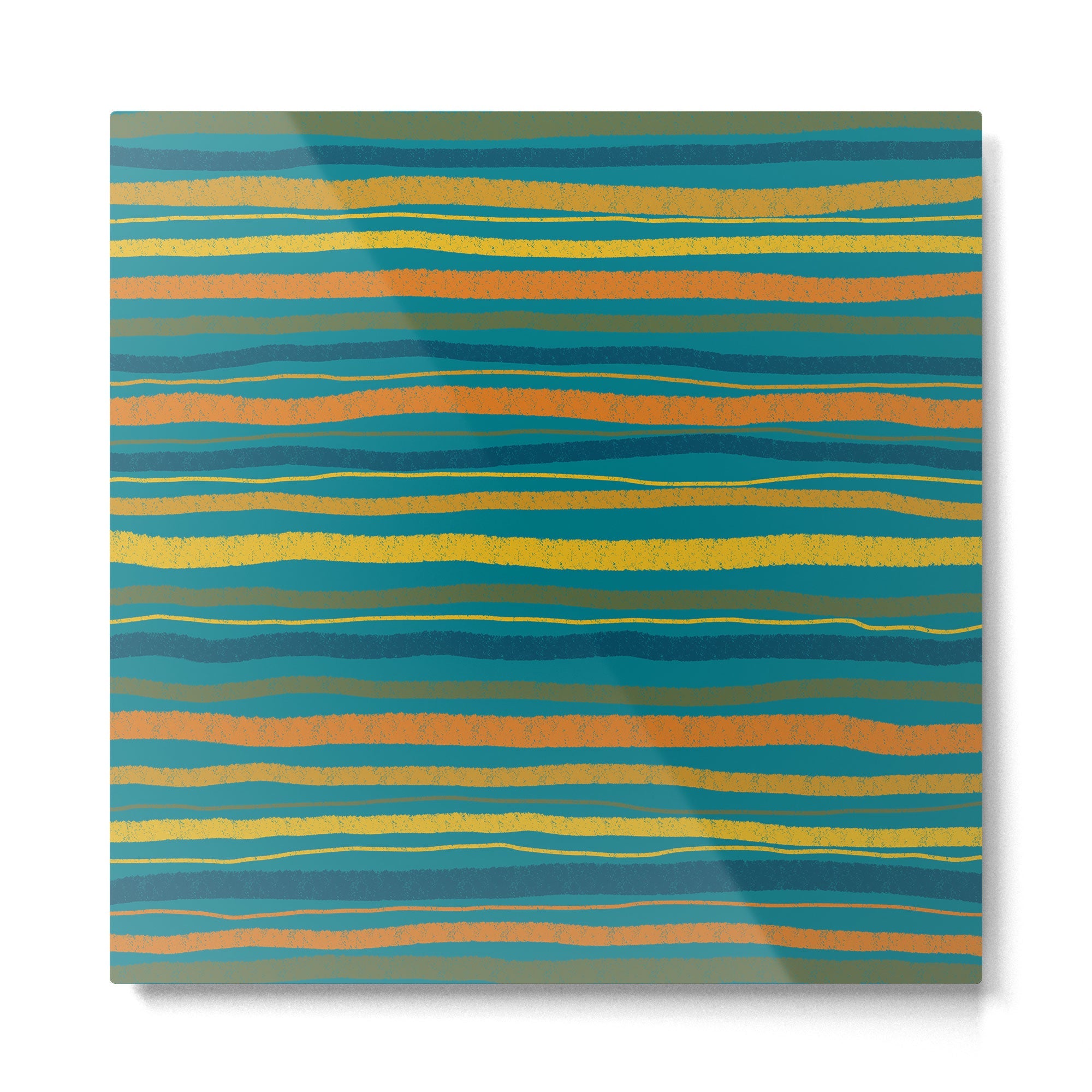 Crayon Stripes in Moroccan Teal Blue, Orange, Ochre, Green, Yellow Metal Print | TeksDecor