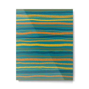 Crayon Stripes in Moroccan Teal Blue, Orange, Ochre, Green, Yellow Metal Print | TeksDecor