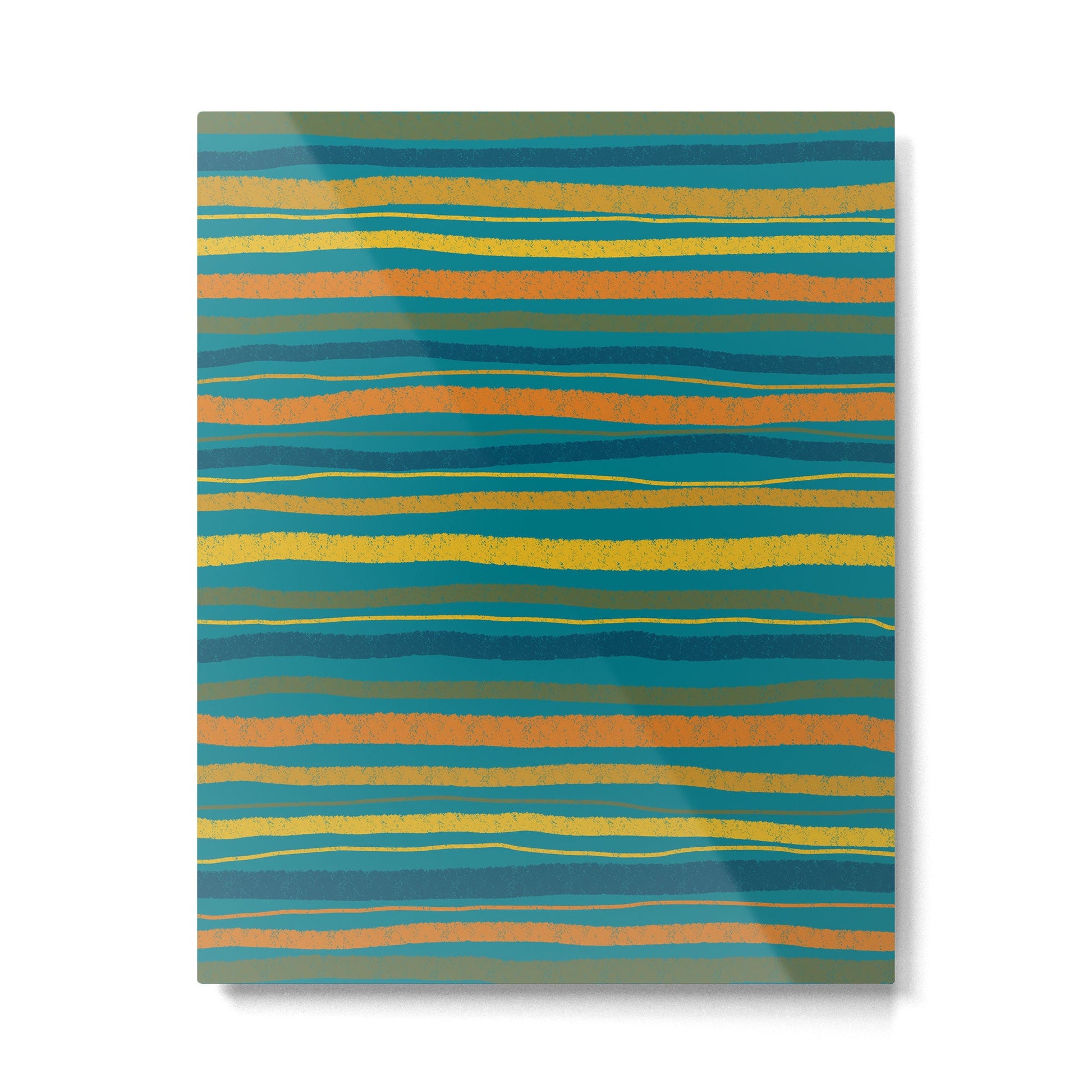 Crayon Stripes in Moroccan Teal Blue, Orange, Ochre, Green, Yellow Metal Print | TeksDecor