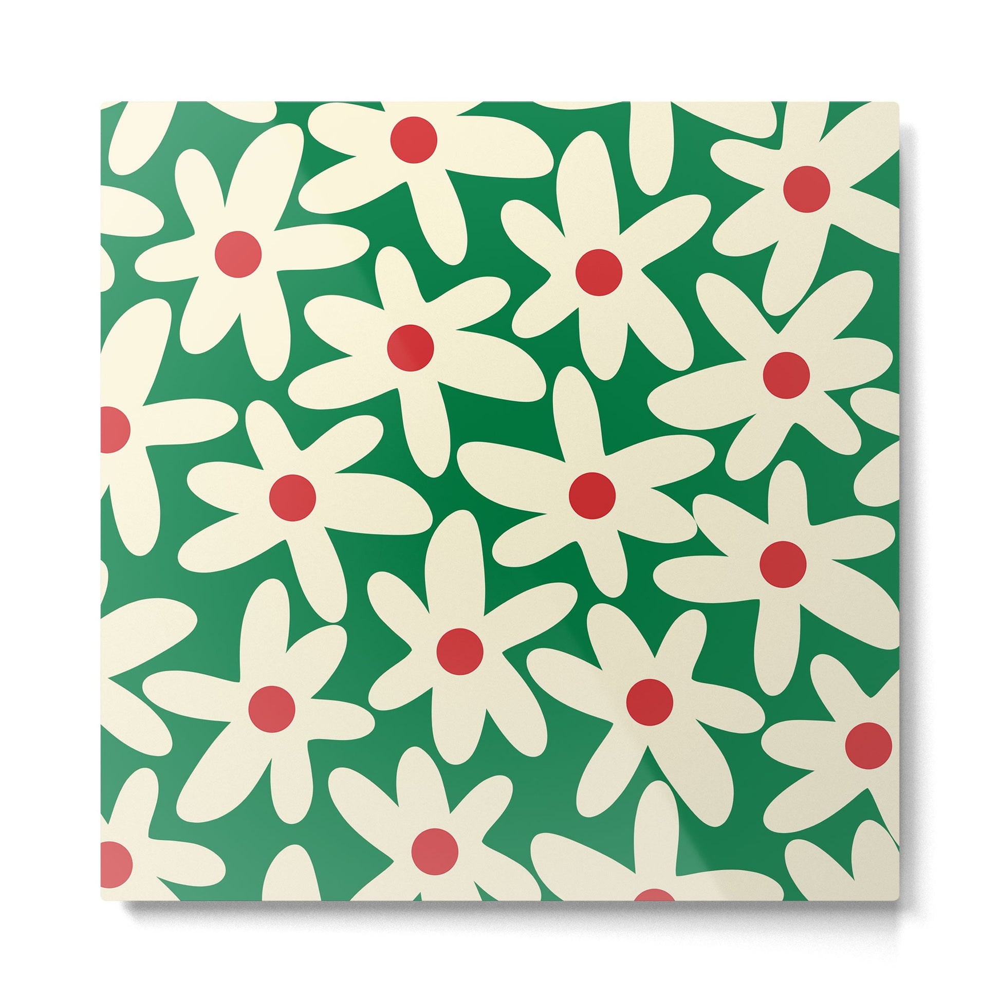 Daisy Time Floral Pattern in Christmas Holiday Red, Green, and Cream Metal Print | TeksDecor