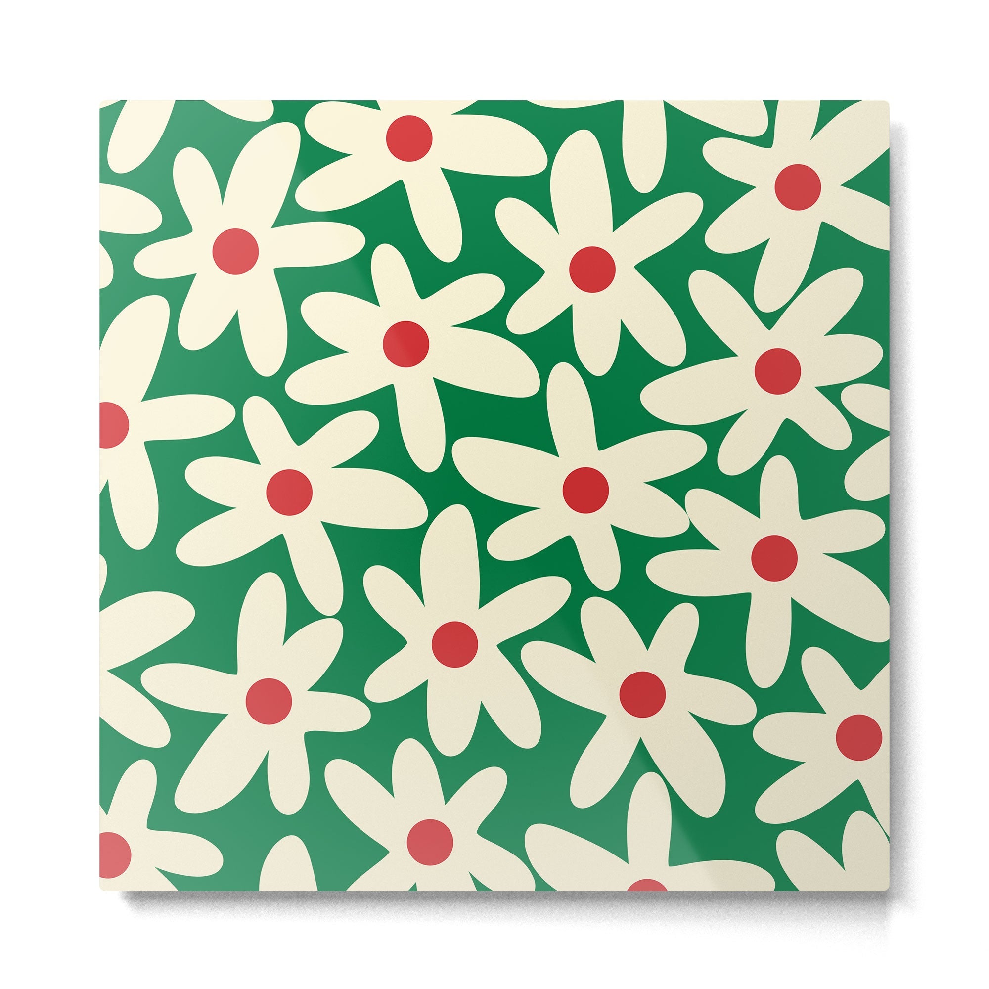 Daisy Time Floral Pattern in Christmas Holiday Red, Green, and Cream Metal Print | TeksDecor