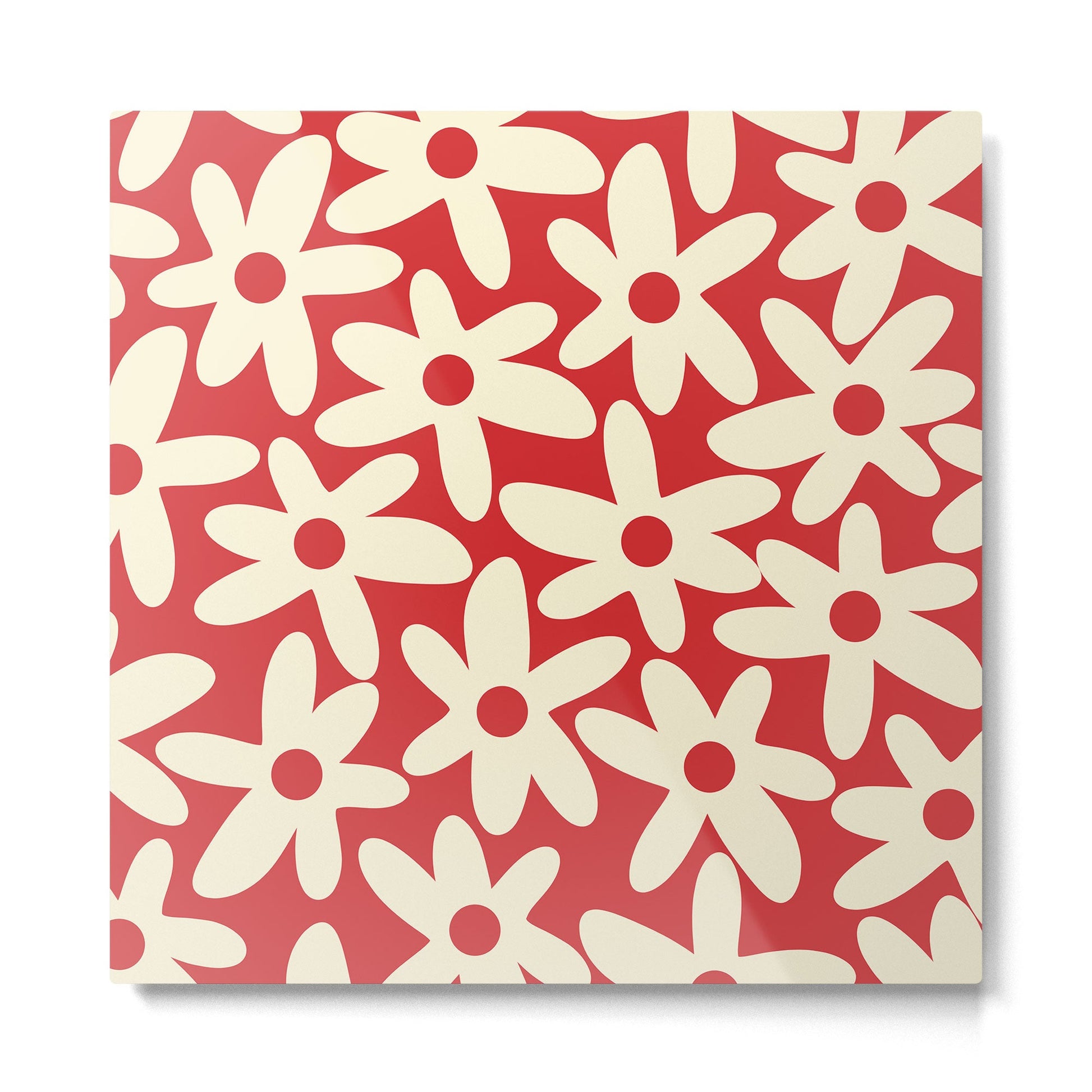 Daisy Time Floral Pattern in Retro Christmas Red and Cream Metal Print | TeksDecor