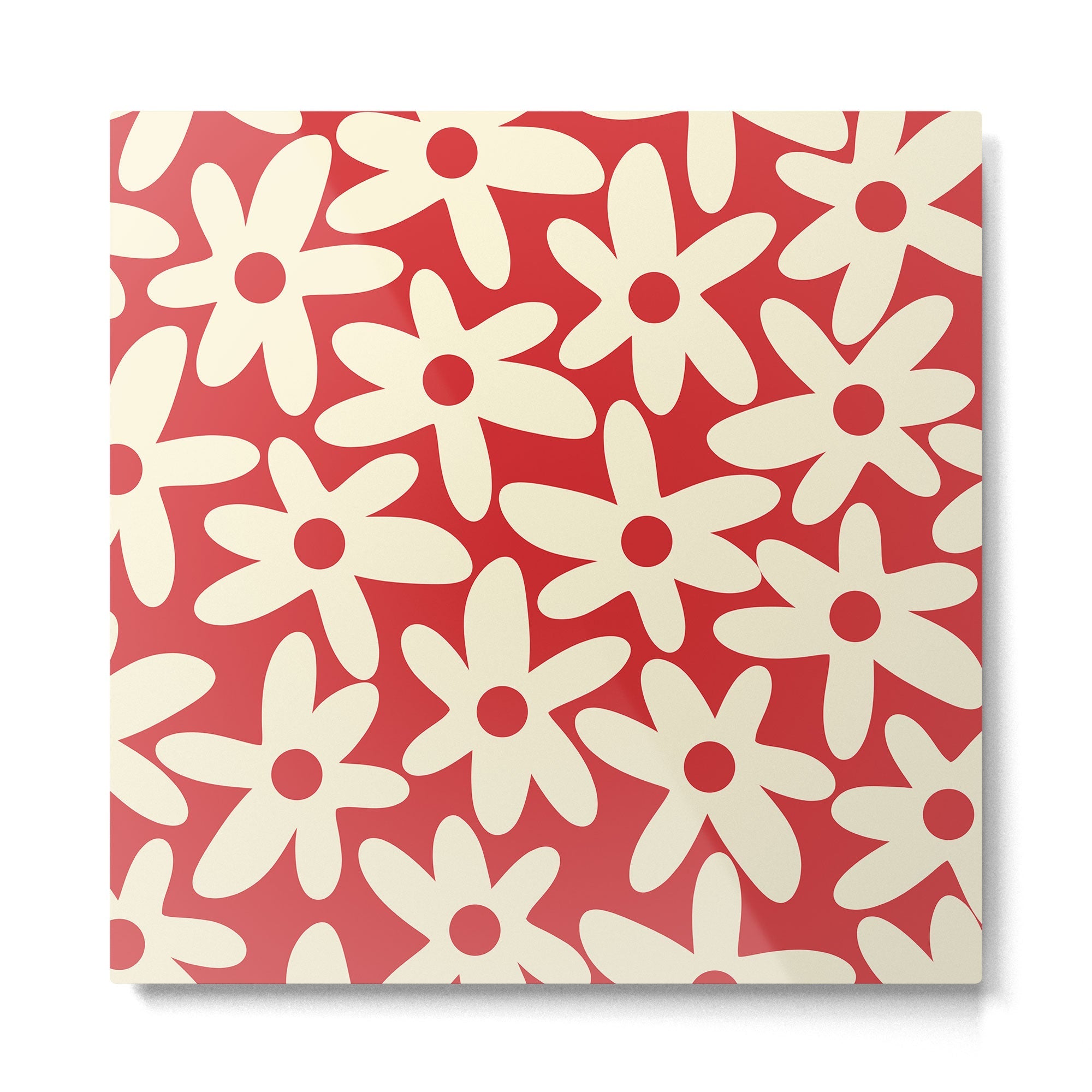 Daisy Time Floral Pattern in Retro Christmas Red and Cream Metal Print | TeksDecor