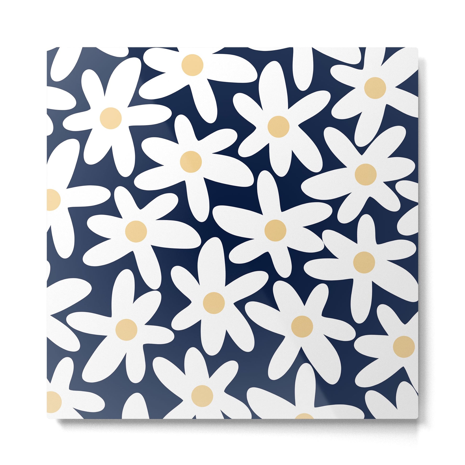 Daisy Time Floral Pattern Navy Blue White Yellow-Beige  Metal Print | TeksDecor