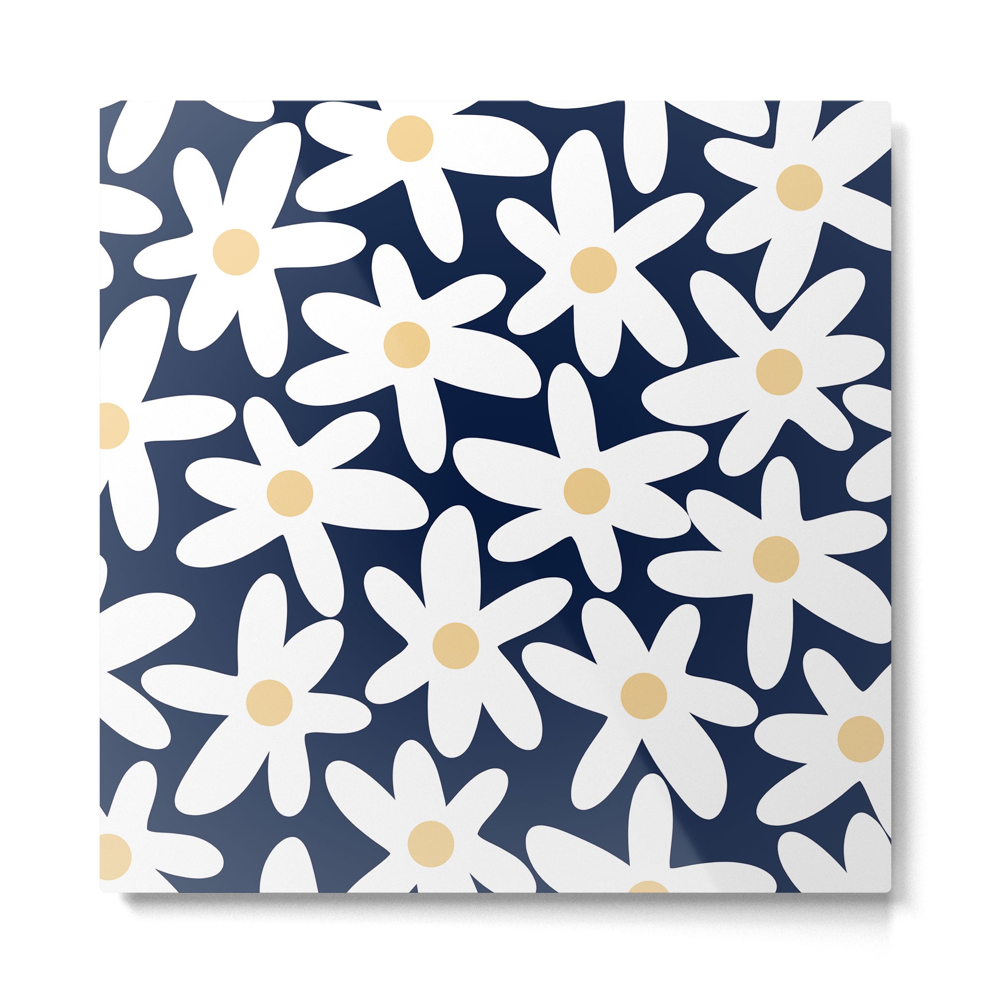Daisy Time Floral Pattern Navy Blue White Yellow-Beige  Metal Print | TeksDecor