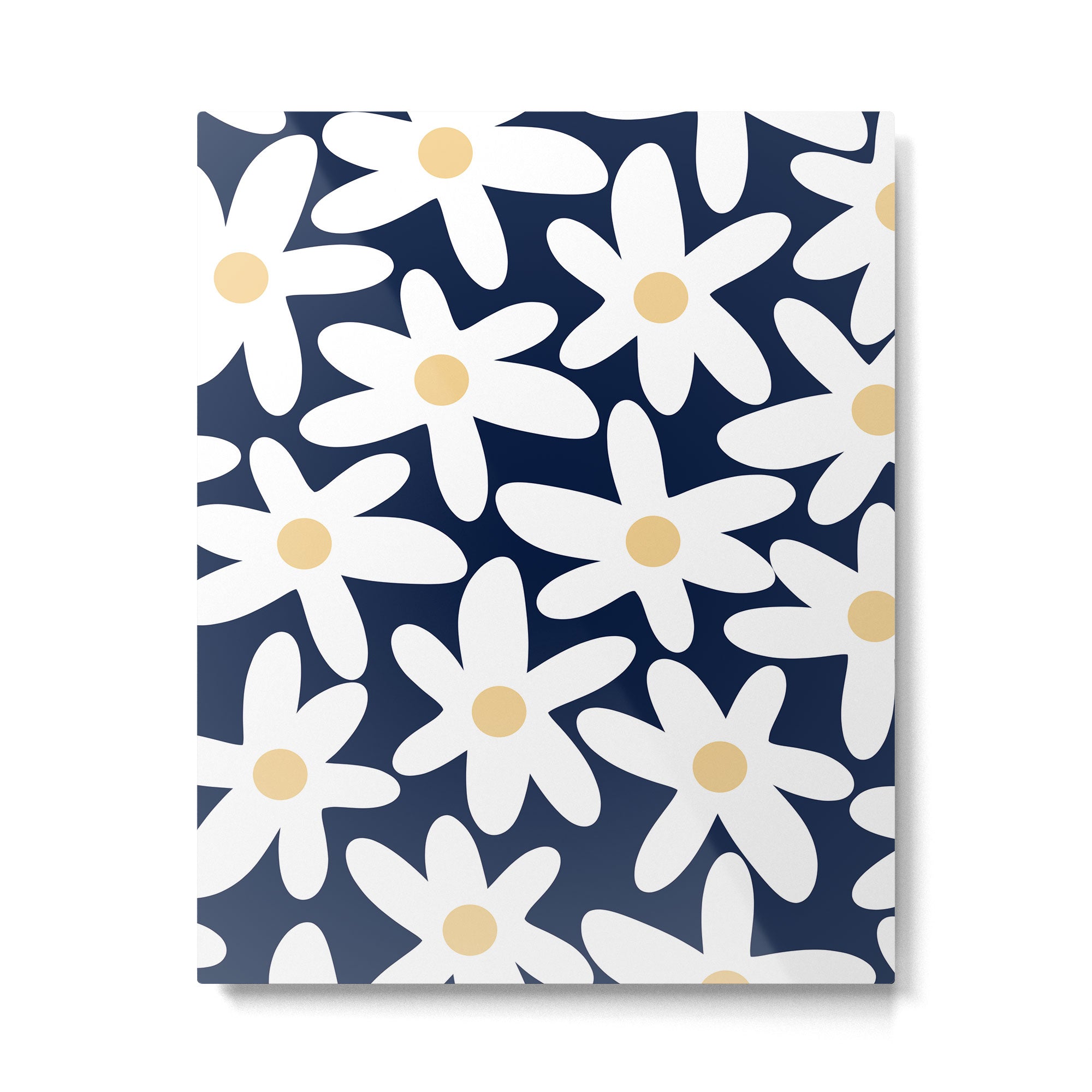 Daisy Time Floral Pattern Navy Blue White Yellow-Beige  Metal Print | TeksDecor