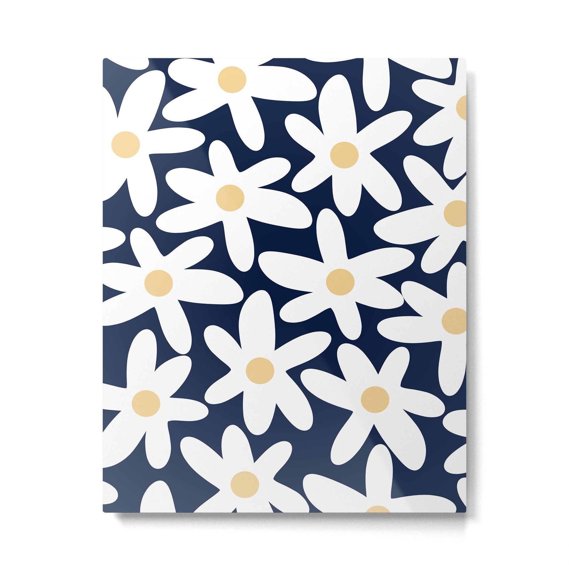 Daisy Time Floral Pattern Navy Blue White Yellow-Beige  Metal Print | TeksDecor