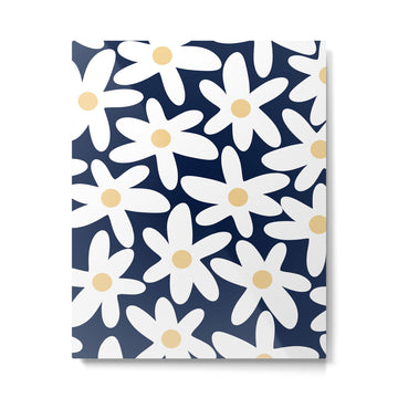 Daisy Time Floral Pattern Navy Blue White Yellow-Beige  Metal Print | TeksDecor