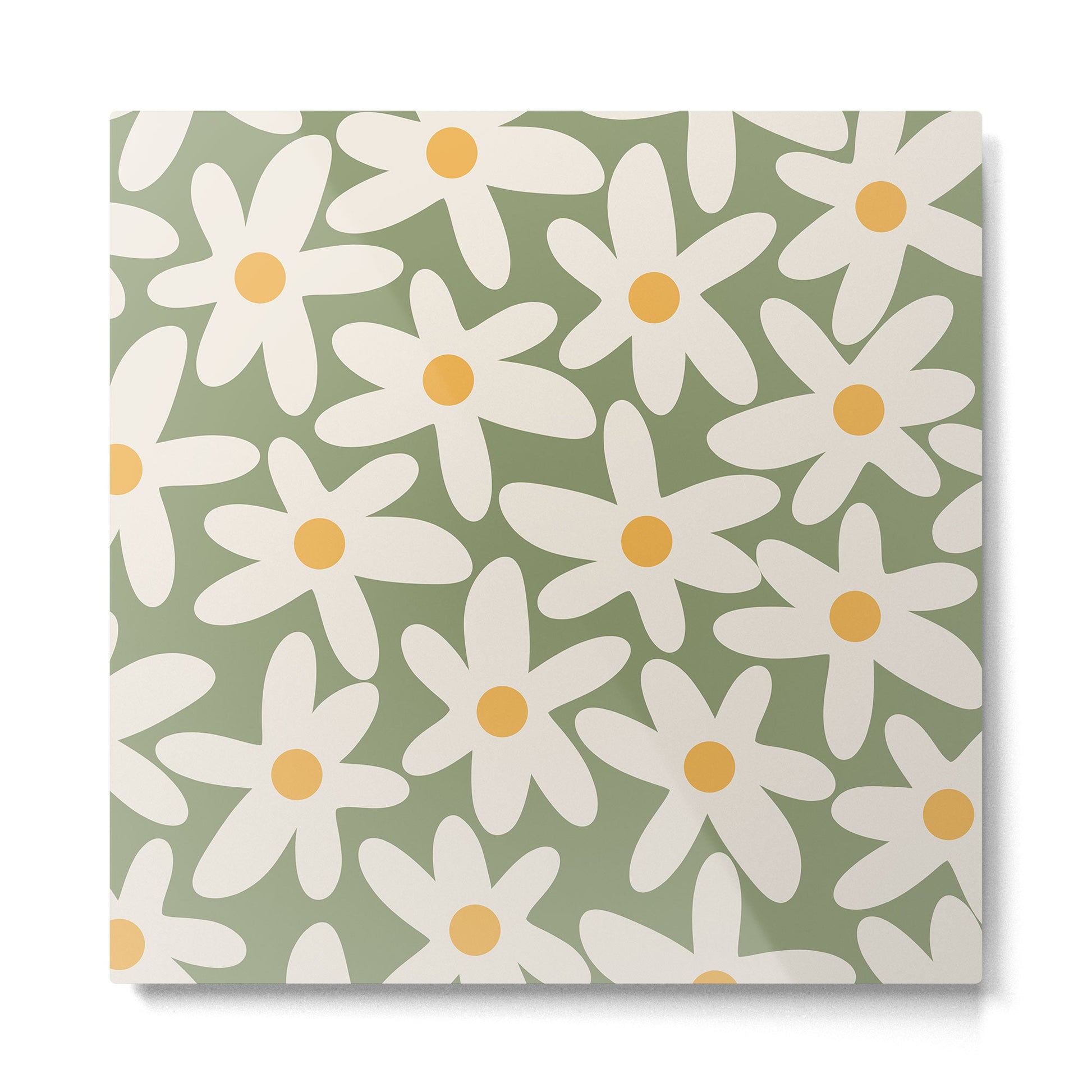 Daisy Time Retro Floral Pattern Sage Green Beige Mustard Metal Print | TeksDecor