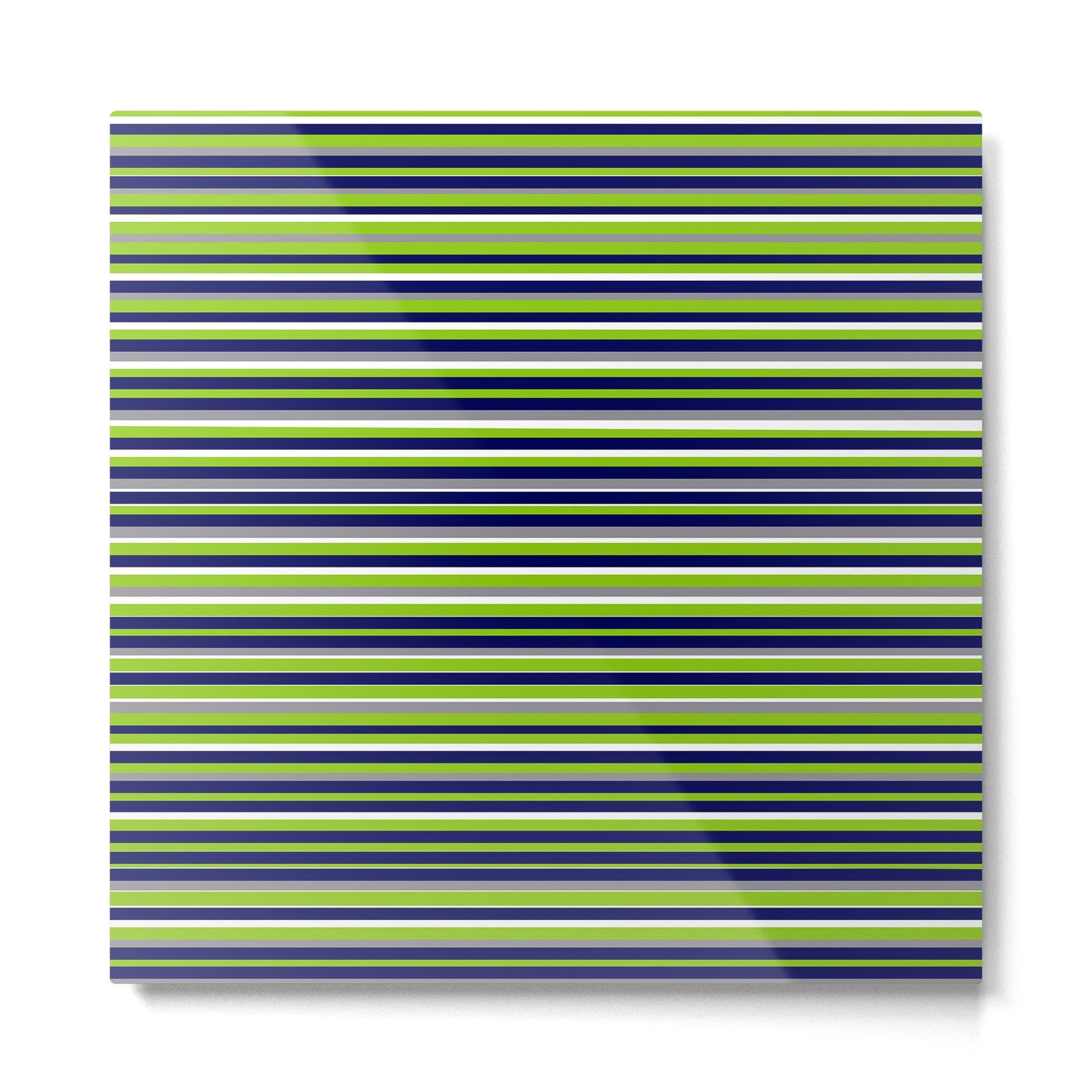 Fine Stripes Cheerful Pattern in Lime Green, Spring Green, Navy Blue, Gray Grey, White  Metal Print | TeksDecor