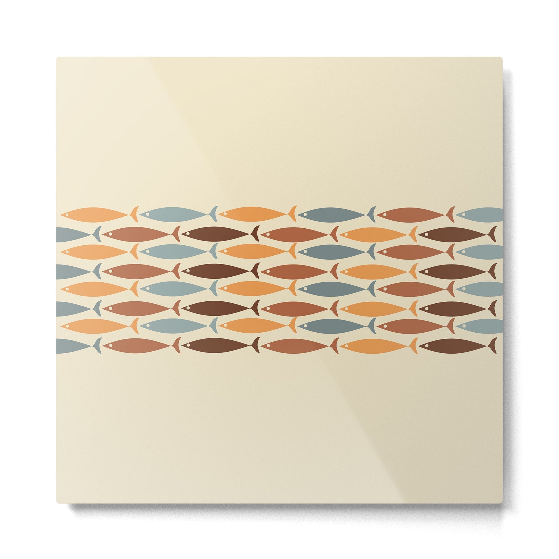 Fish Stripe Mid-Century Modern Minimalism in Slate Blue Brown Orange Beige Metal Print | TeksDecor