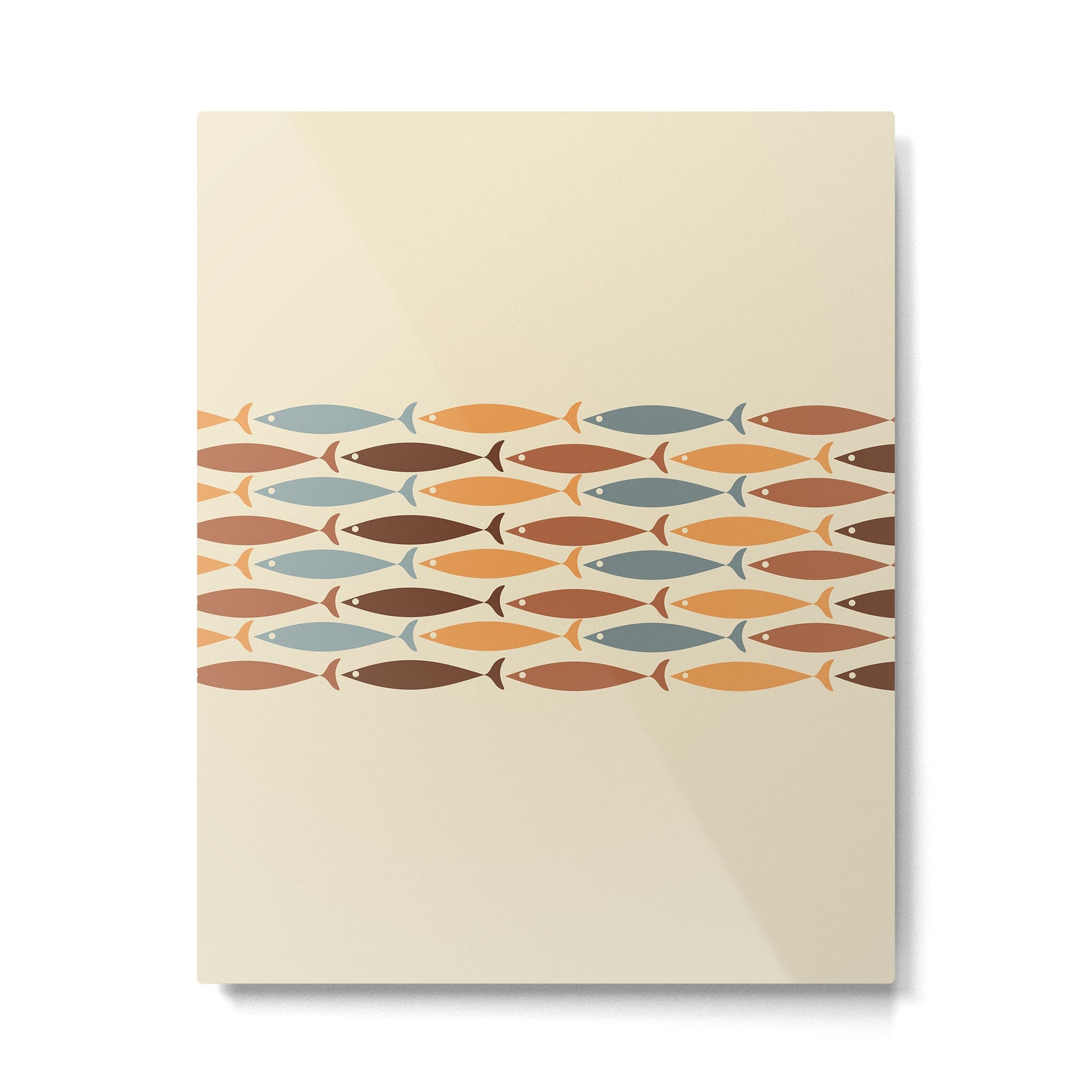 Fish Stripe Mid-Century Modern Minimalism in Slate Blue Brown Orange Beige Metal Print | TeksDecor