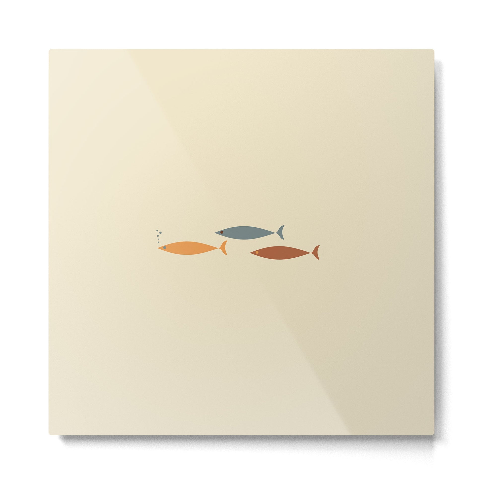 Fish Trio Mid-Century Modern Minimalism in Orange, Slate Blue, Brown, and Cream Beige Metal Print | TeksDecor