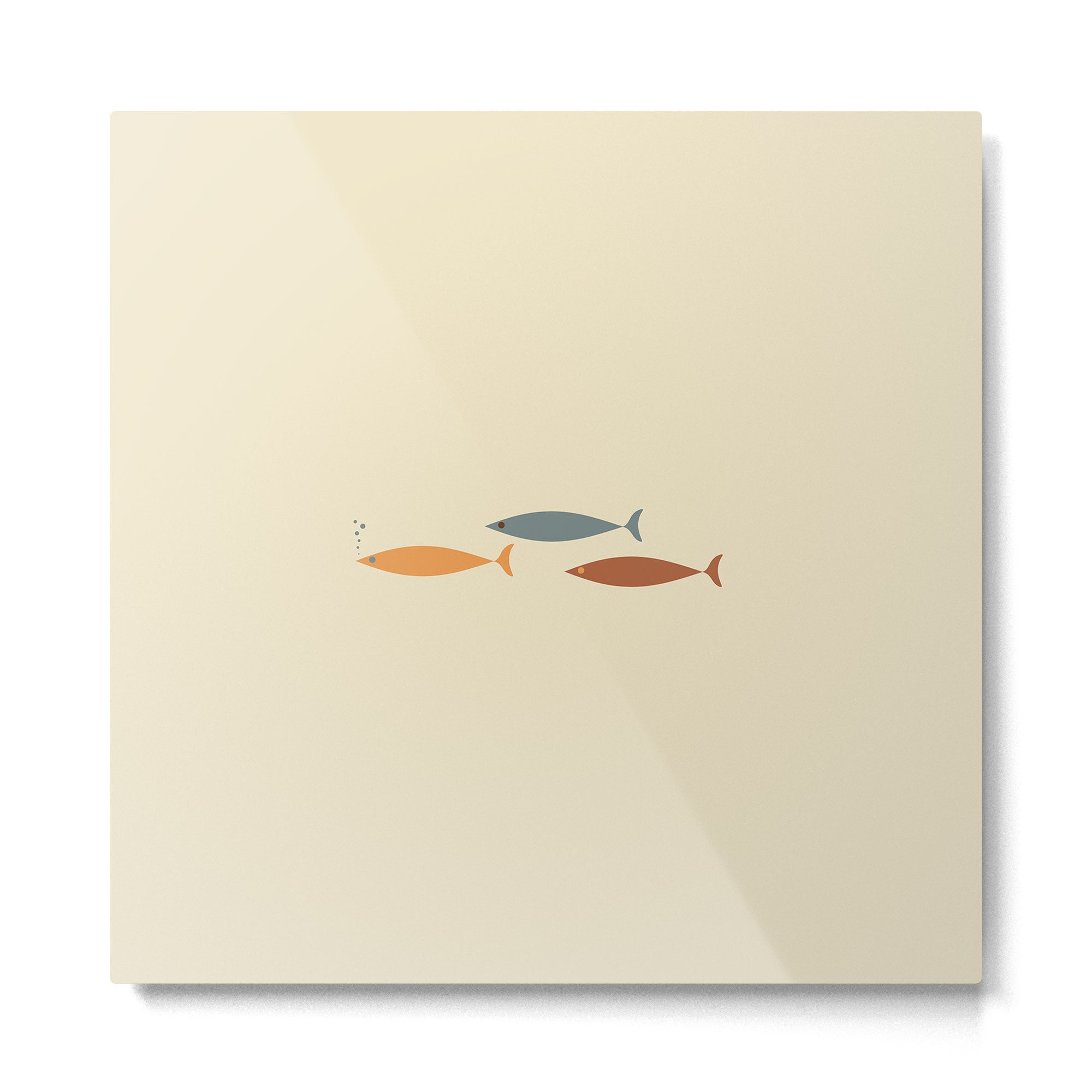 Fish Trio Mid-Century Modern Minimalism in Orange, Slate Blue, Brown, and Cream Beige Metal Print | TeksDecor