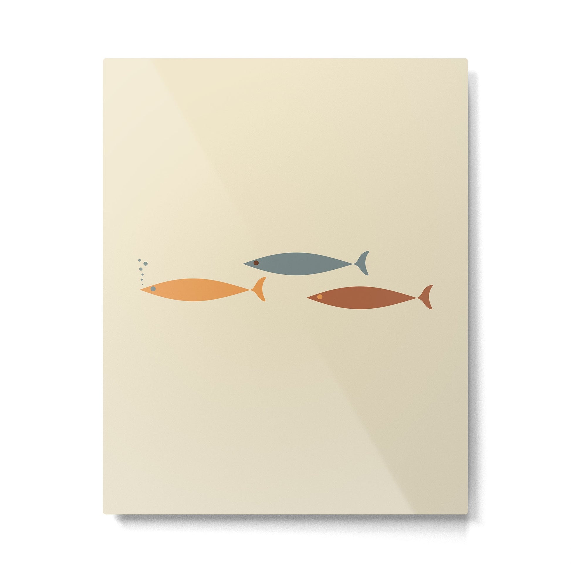 Fish Trio Mid-Century Modern Minimalism in Orange, Slate Blue, Brown, and Cream Beige Metal Print | TeksDecor