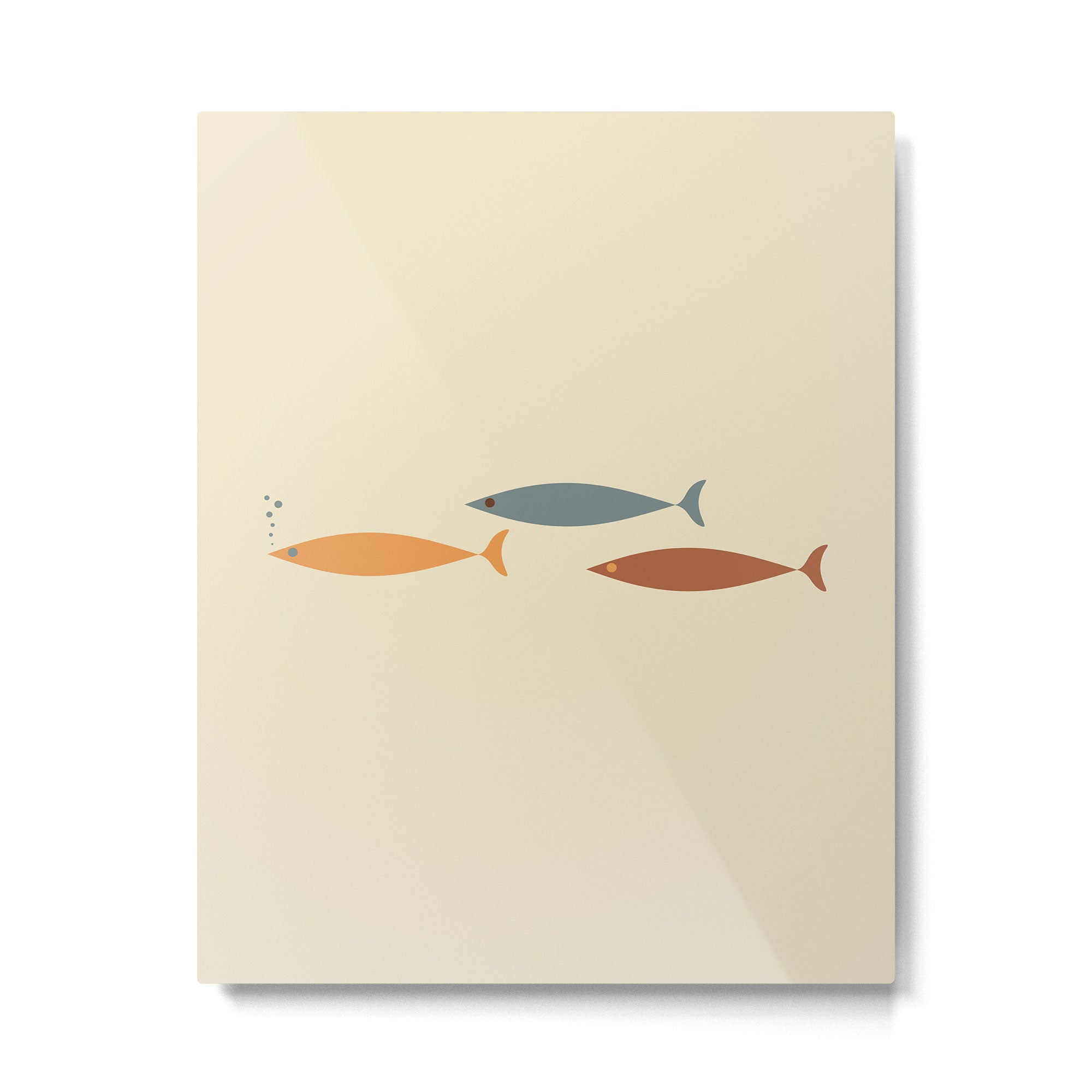 Fish Trio Mid-Century Modern Minimalism in Orange, Slate Blue, Brown, and Cream Beige Metal Print | TeksDecor