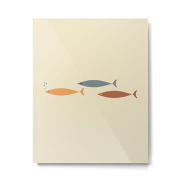 Fish Trio Mid-Century Modern Minimalism in Orange, Slate Blue, Brown, and Cream Beige Metal Print | TeksDecor